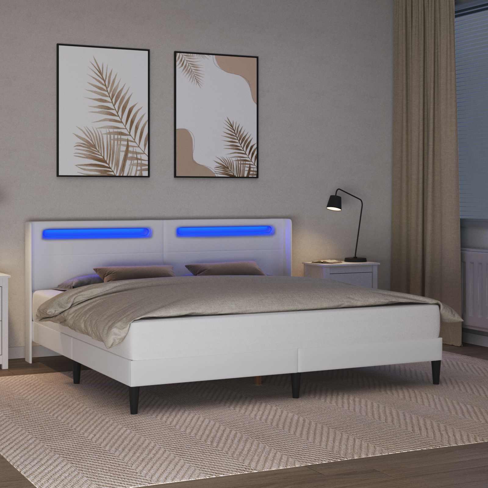 vidaXL Ramka łóżka z paskami LED Biały 200 x 200 cm Ekoskóra