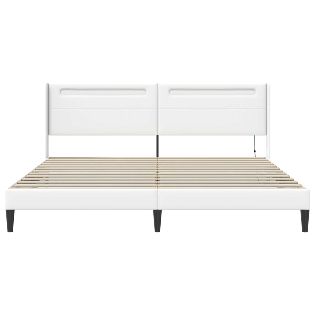 vidaXL Ramka łóżka z paskami LED Biały 200 x 200 cm Ekoskóra