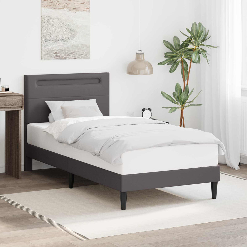vidaXL Ramka łóżka z paskami LED Szary 90 x 190 cm Ekoskóra