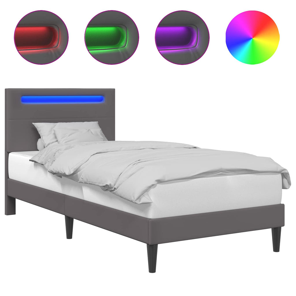 vidaXL Ramka łóżka z paskami LED Szary 90 x 190 cm Ekoskóra