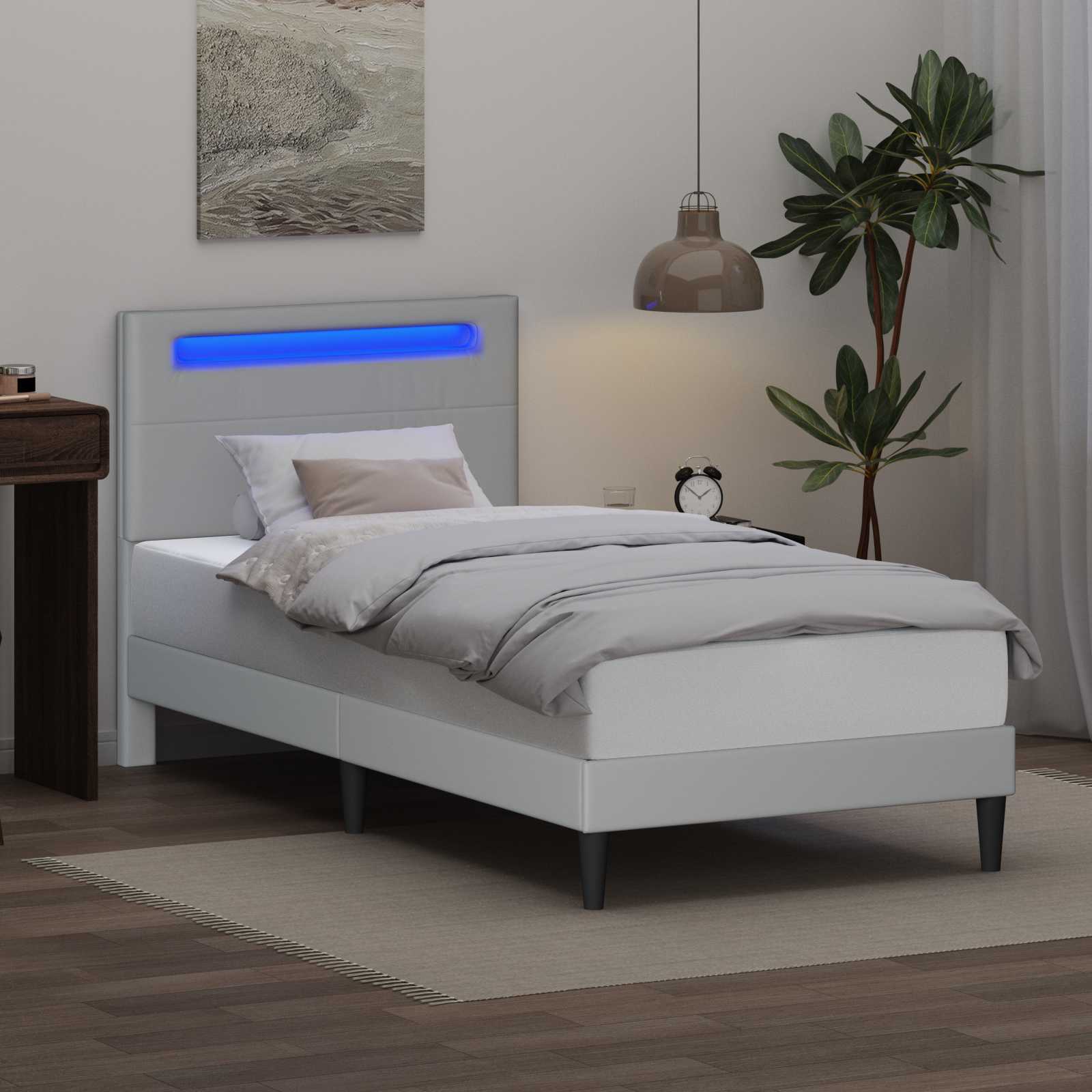 vidaXL Ramka łóżka z paskami LED Biały 90 x 190 cm Ekoskóra