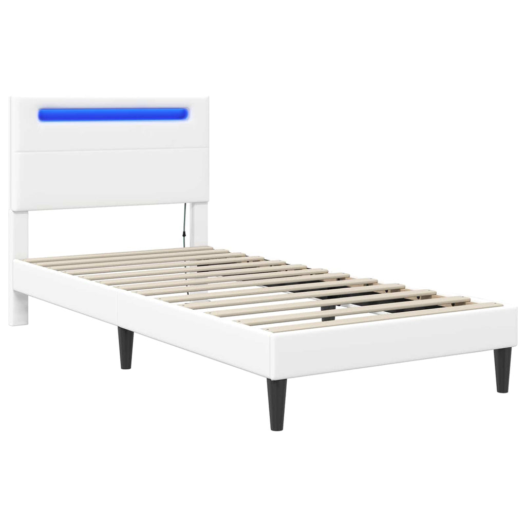 vidaXL Ramka łóżka z paskami LED Biały 90 x 190 cm Ekoskóra