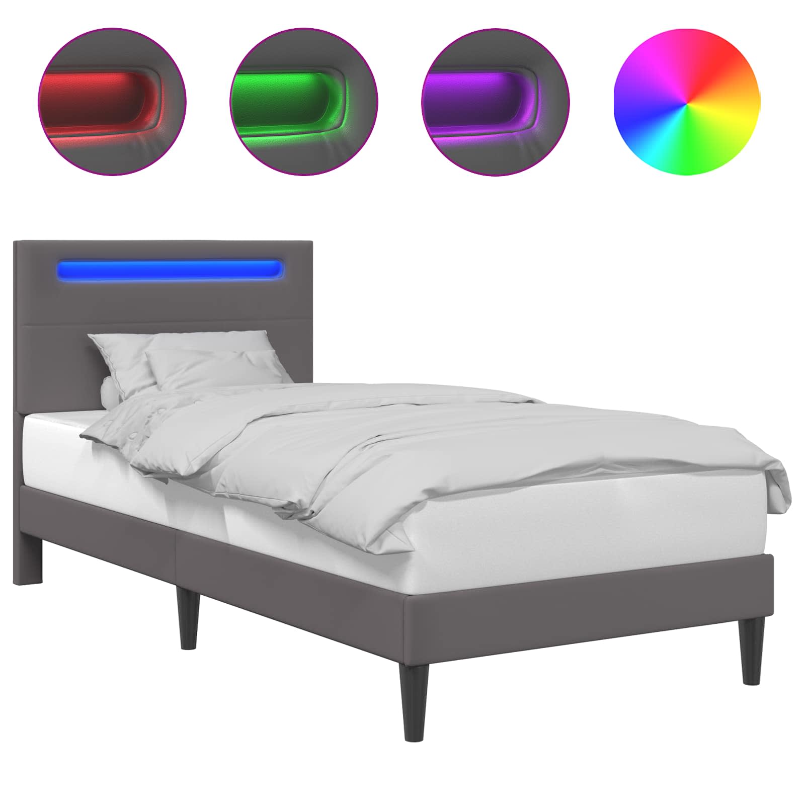 vidaXL Ramka łóżka z paskami LED Szary 90 x 200 cm Ekoskóra