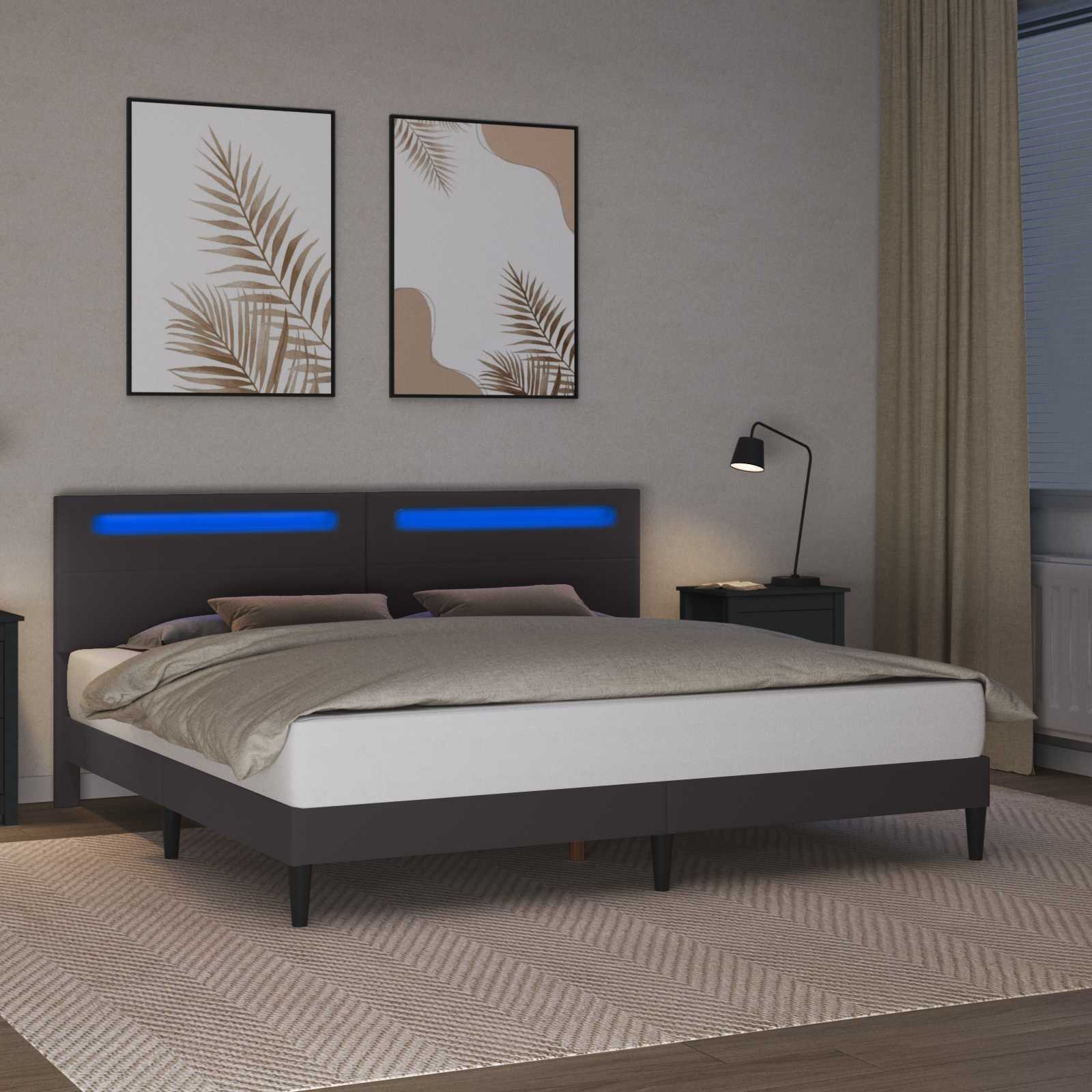 vidaXL Ramka łóżka z paskami LED Szary 180 x 200 cm Ekoskóra