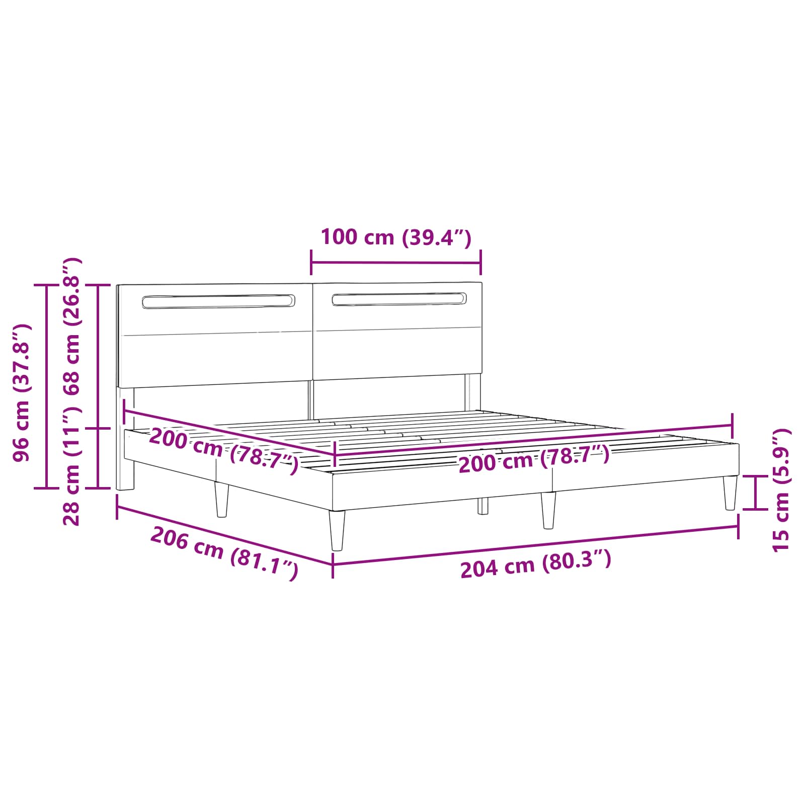 vidaXL Ramka łóżka z paskami LED Szary 200 x 200 cm Ekoskóra