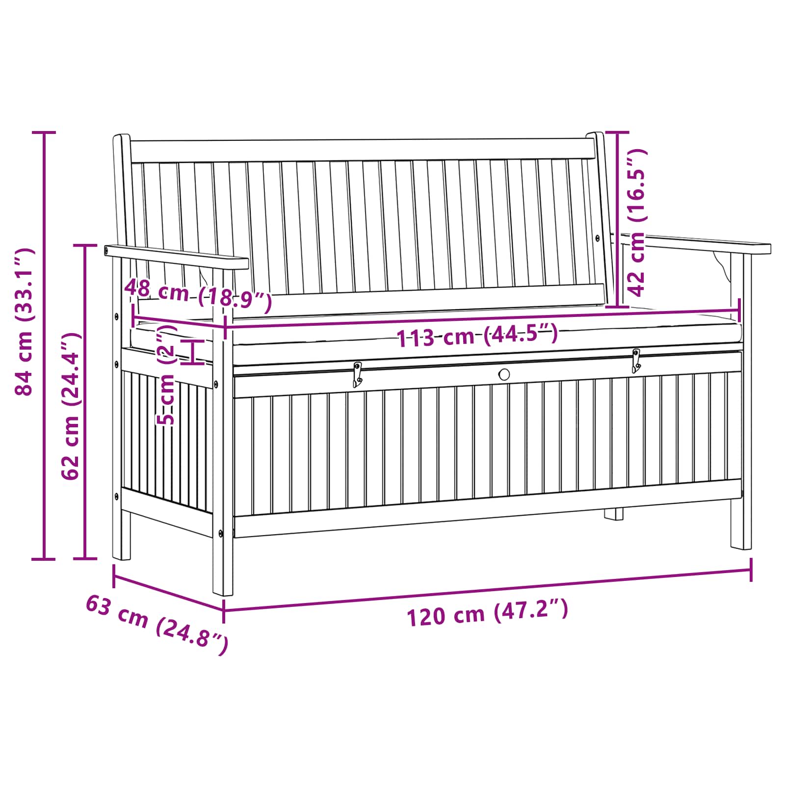 vidaXL Ławka z miejscem do przechowywania 2 -Seater 120 x 63 x 84 cm