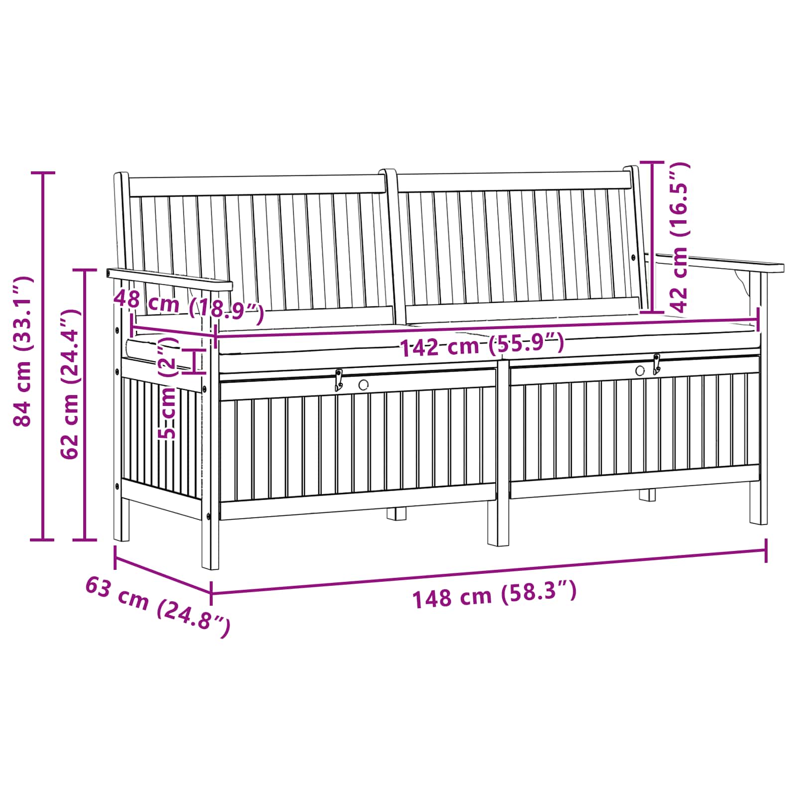 vidaXL Ławka z miejscem do przechowywania 2 -Seater 148 x 63 x 84 cm