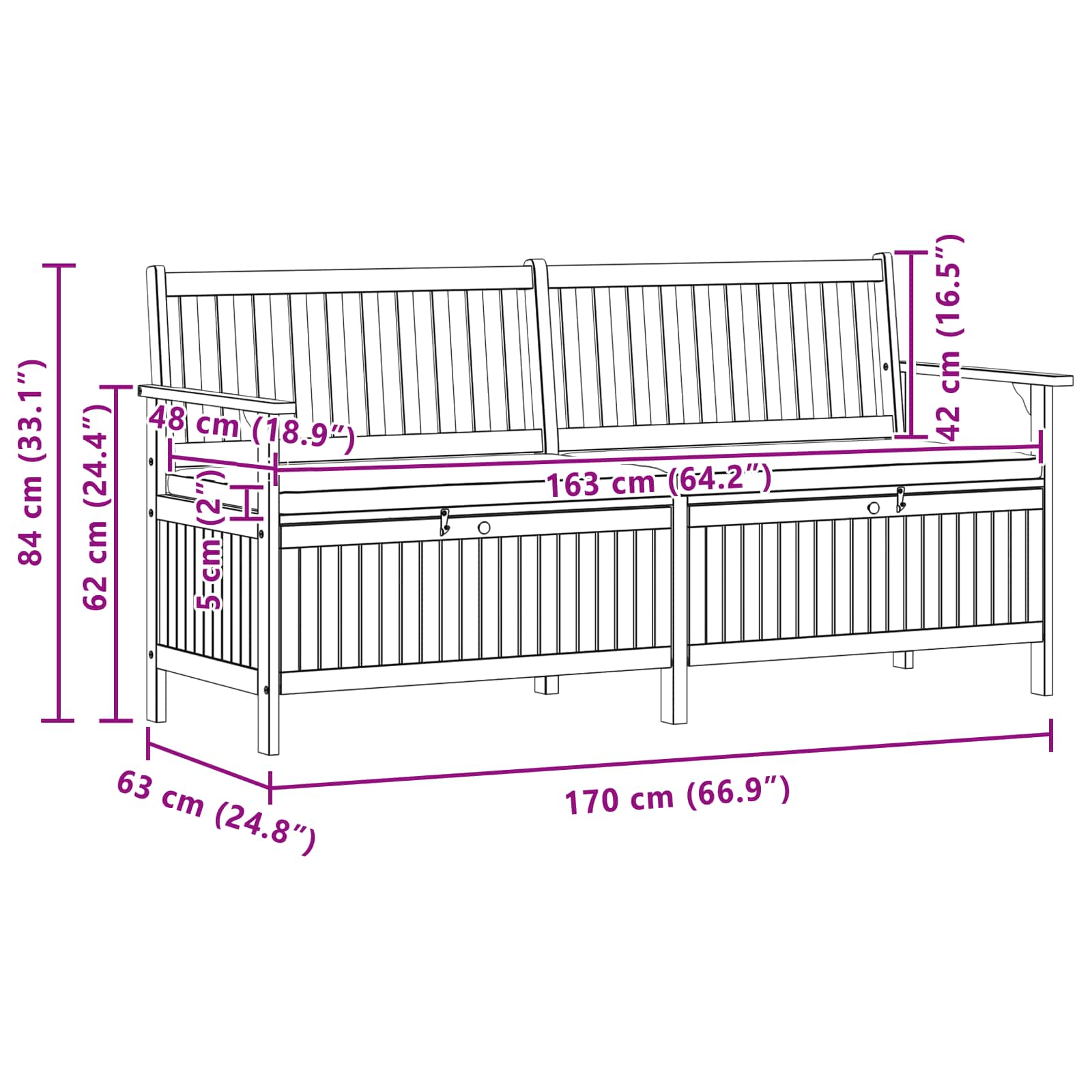 vidaXL Ławka z miejscem do przechowywania 2 -Seater 170 x 63 x 84 cm