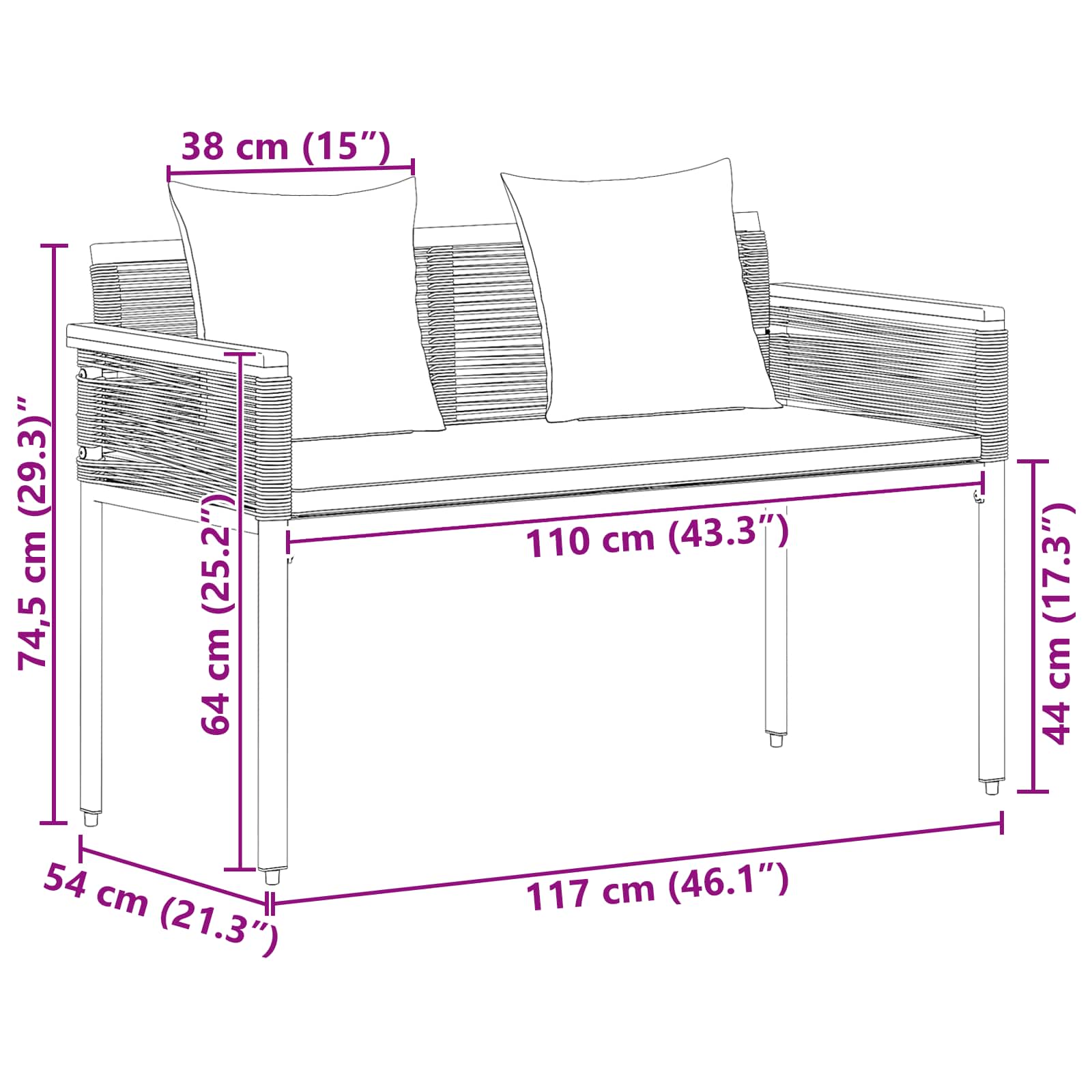 vidaXL Ławka ogrodowa z poduszką Czarny 117 x 54 x 74.5 cm polirattan