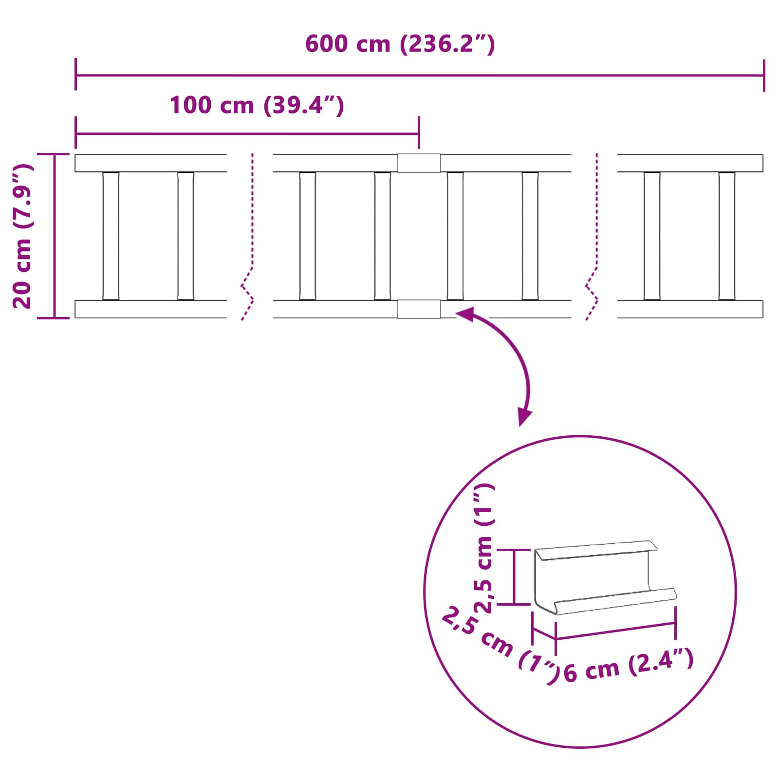 vidaXL Stróż śniegu na dachu Czarny 600 x 2,5 x 20 cm Stal