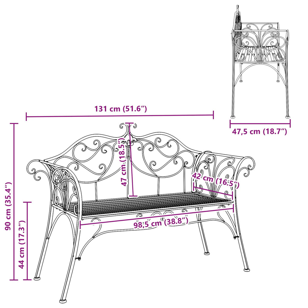 vidaXL Ławka ogrodowa 2-Liczba miejsc 130 x 47 x 90 cm Stal