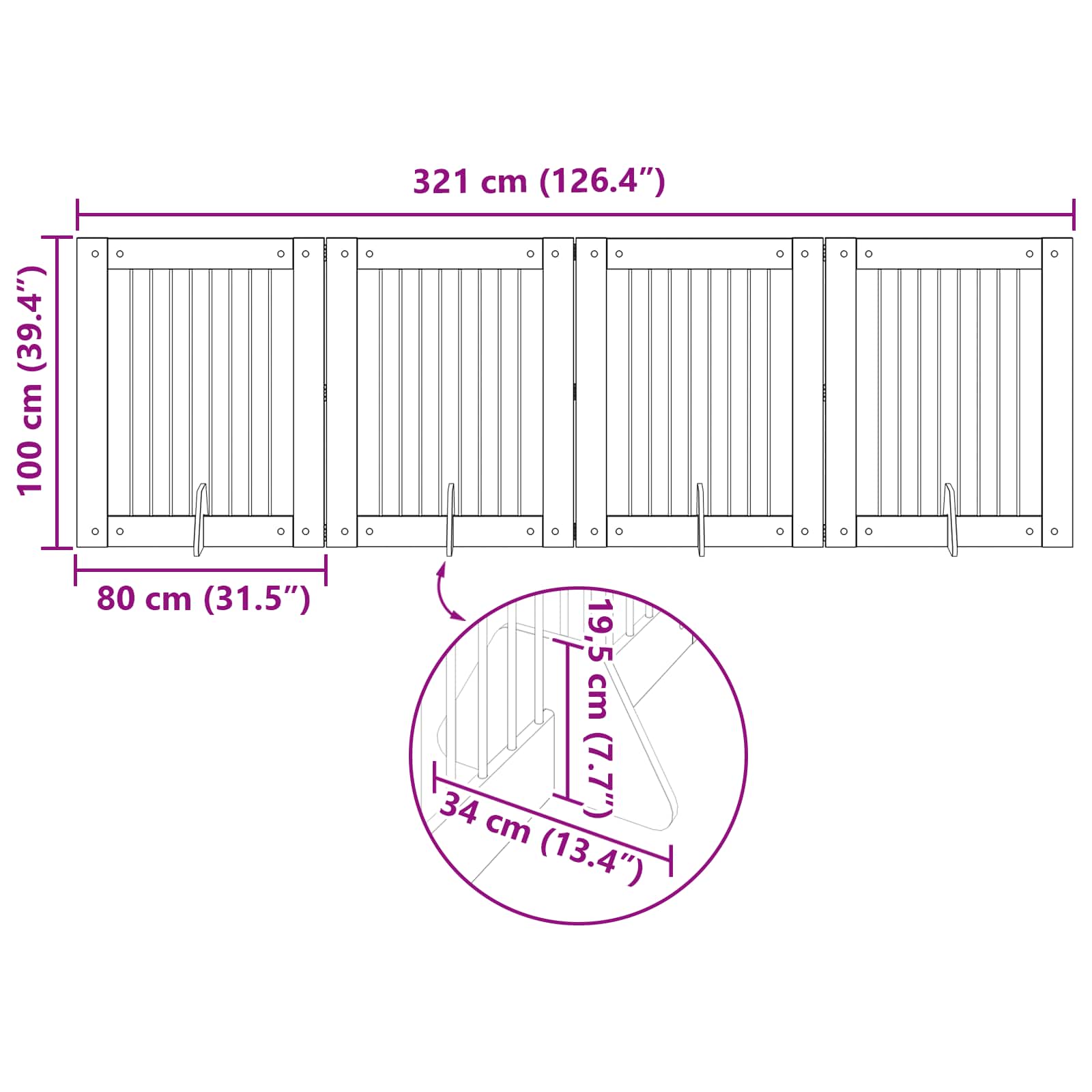 vidaXL Bramka dla psów z podpórkami 4 pcs Szary Sonoma 80 x 100 cm