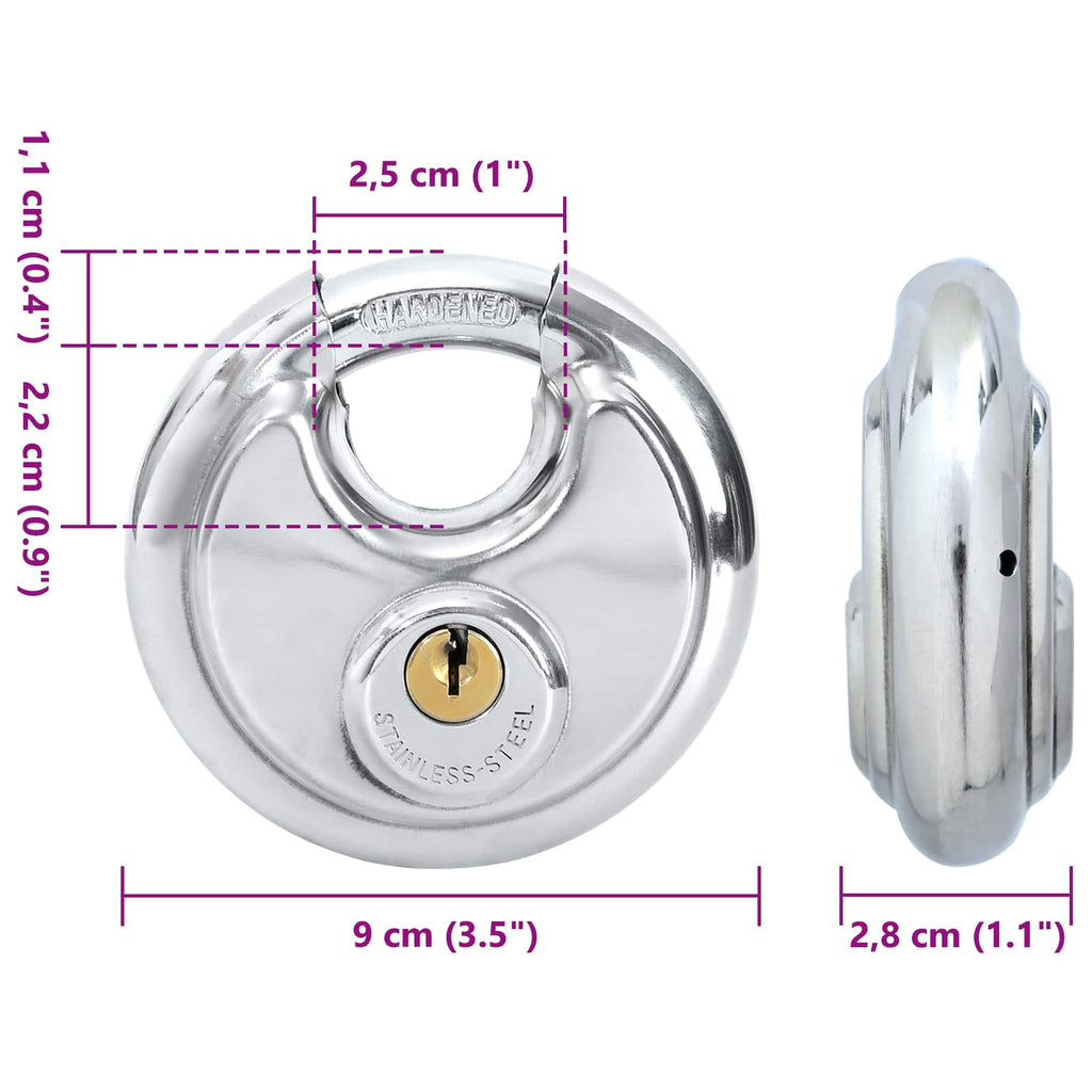 vidaXL Kłódki discus z kluczami 2 pcs Srebrny 9 x 2.8 x 9 cm