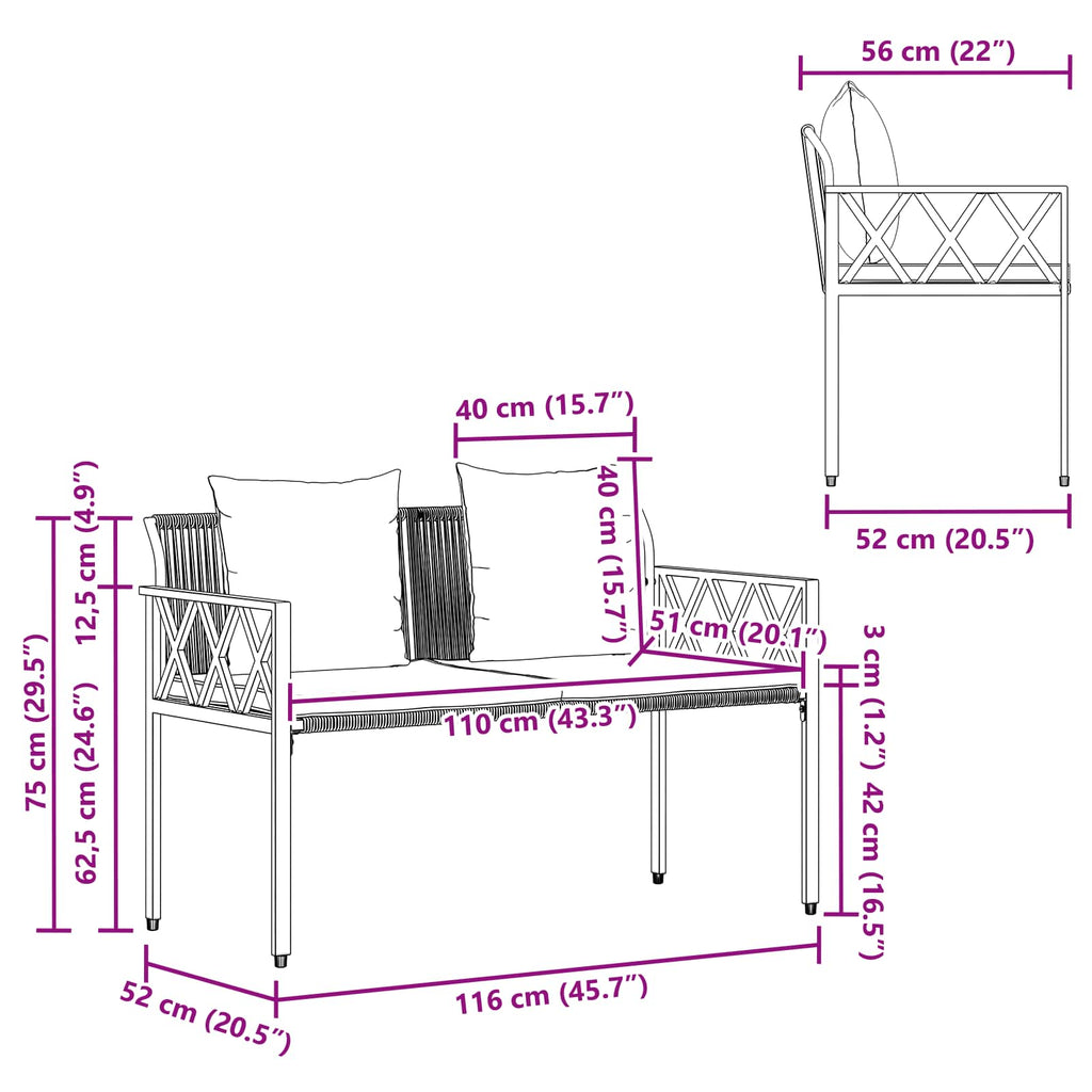 vidaXL Ławki ogrodowe 2 -Seater 116 x 56 x 75 cm polirattan