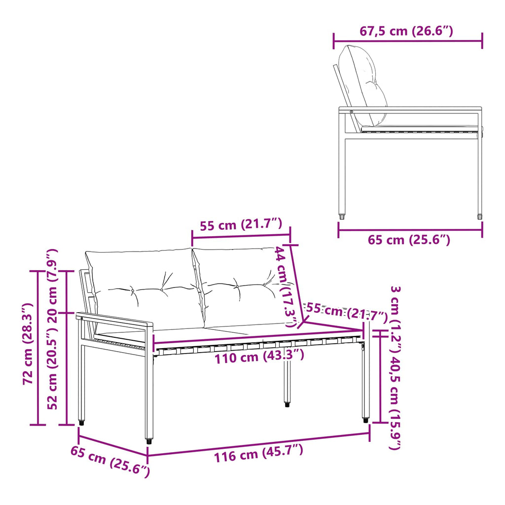 vidaXL Ławka ogrodowa 2 -Seater 116 x 67,5 x 72 cm polirattan