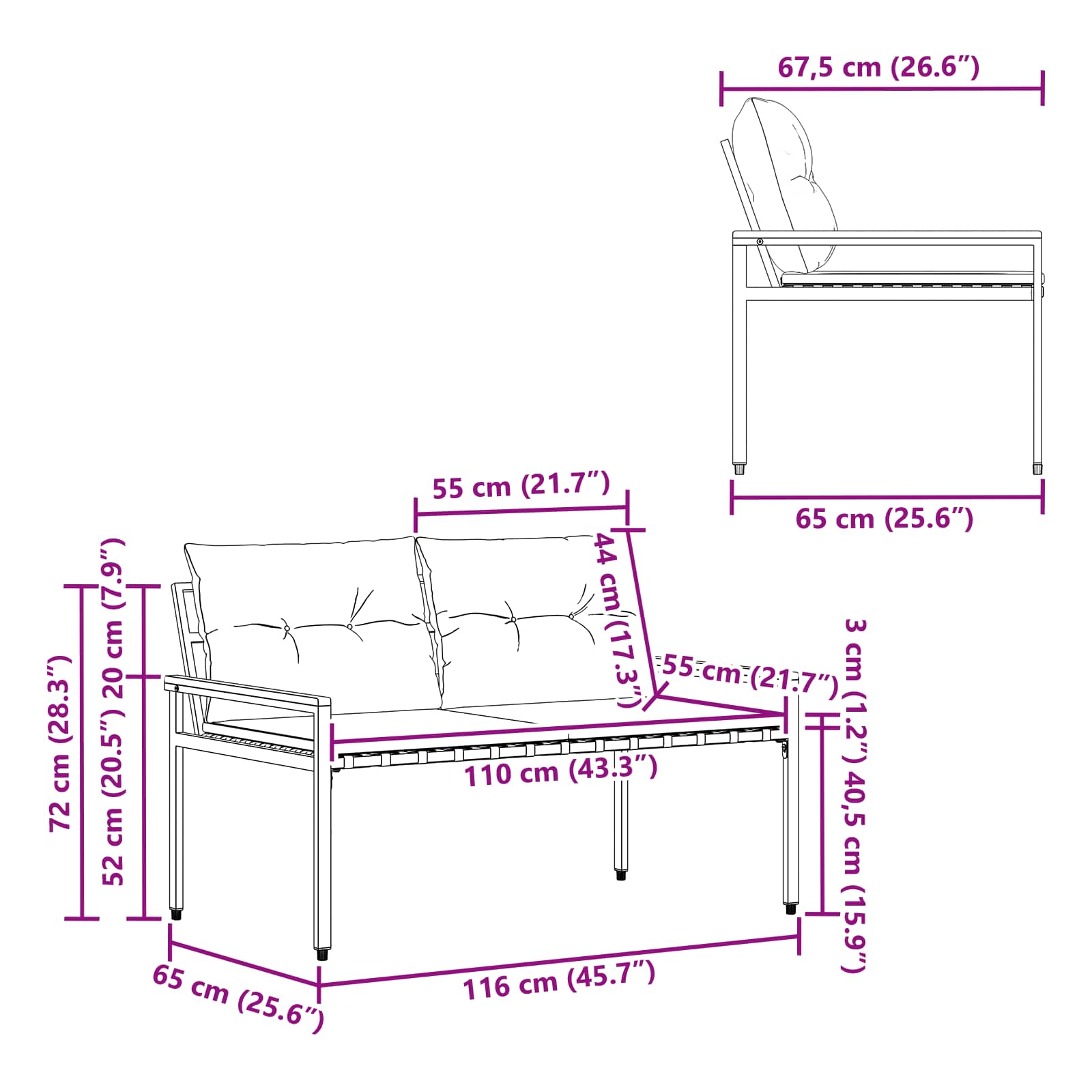 vidaXL Ławka ogrodowa 2 -Seater 116 x 67,5 x 72 cm polirattan