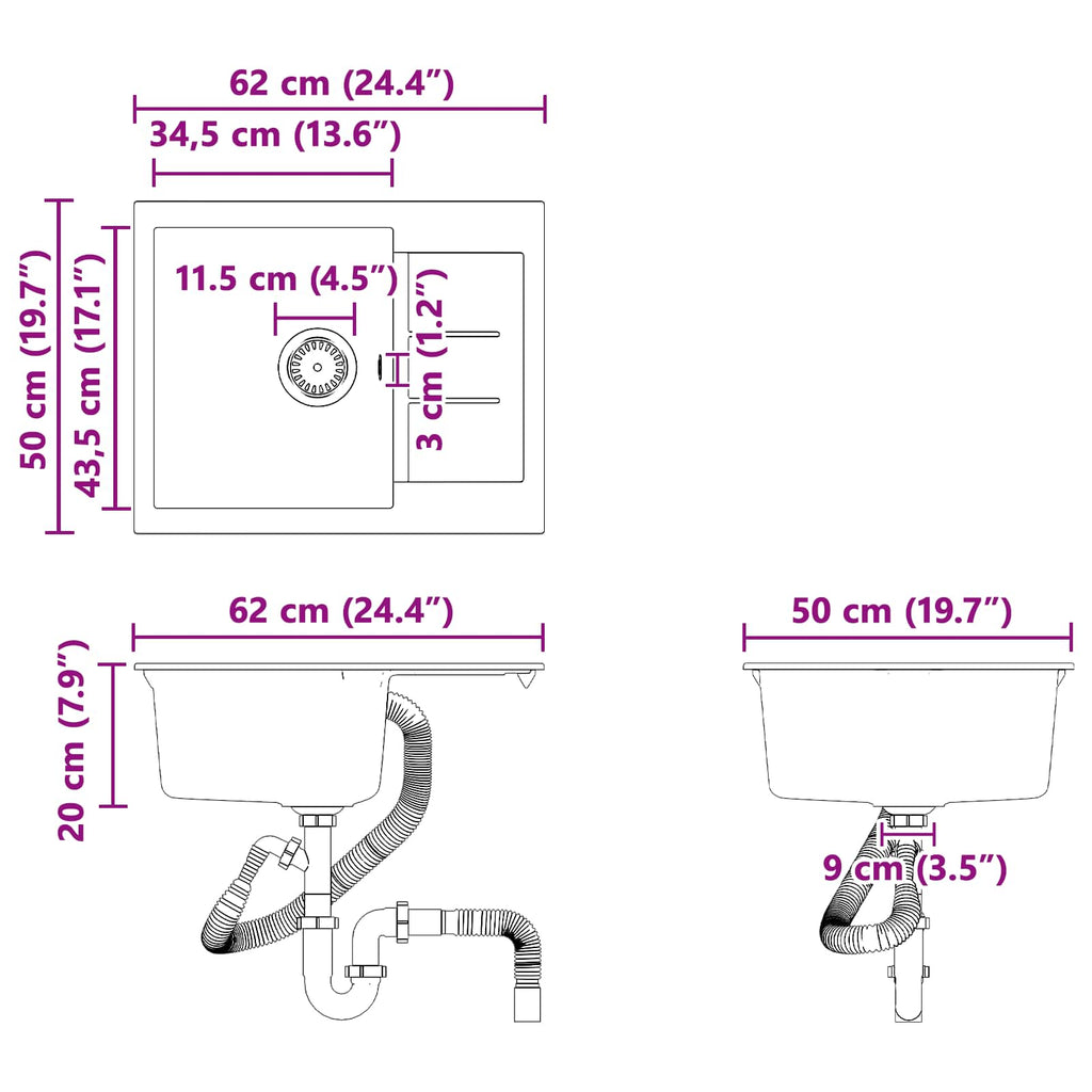 vidaXL Zlew Czarny 620 x 500 mm 80% Kwarc i 20% Żywica
