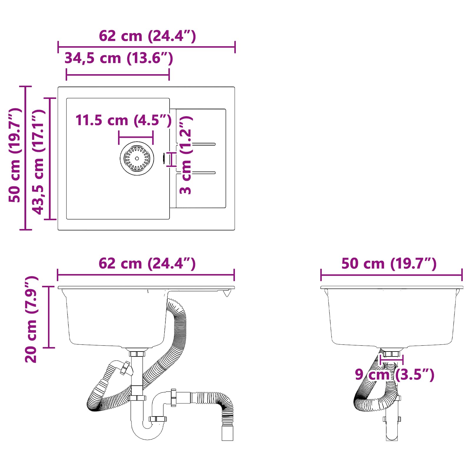 vidaXL Zlew Biały 620 x 500 mm 80% Kwarc i 20% Żywica
