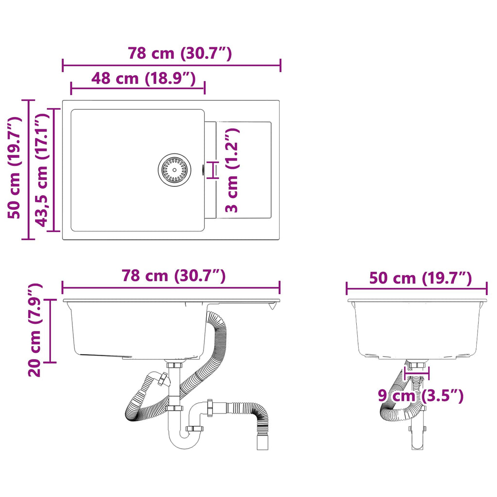 vidaXL Zlew Szary 780 x 500 mm 80% Kwarc i 20% Żywica