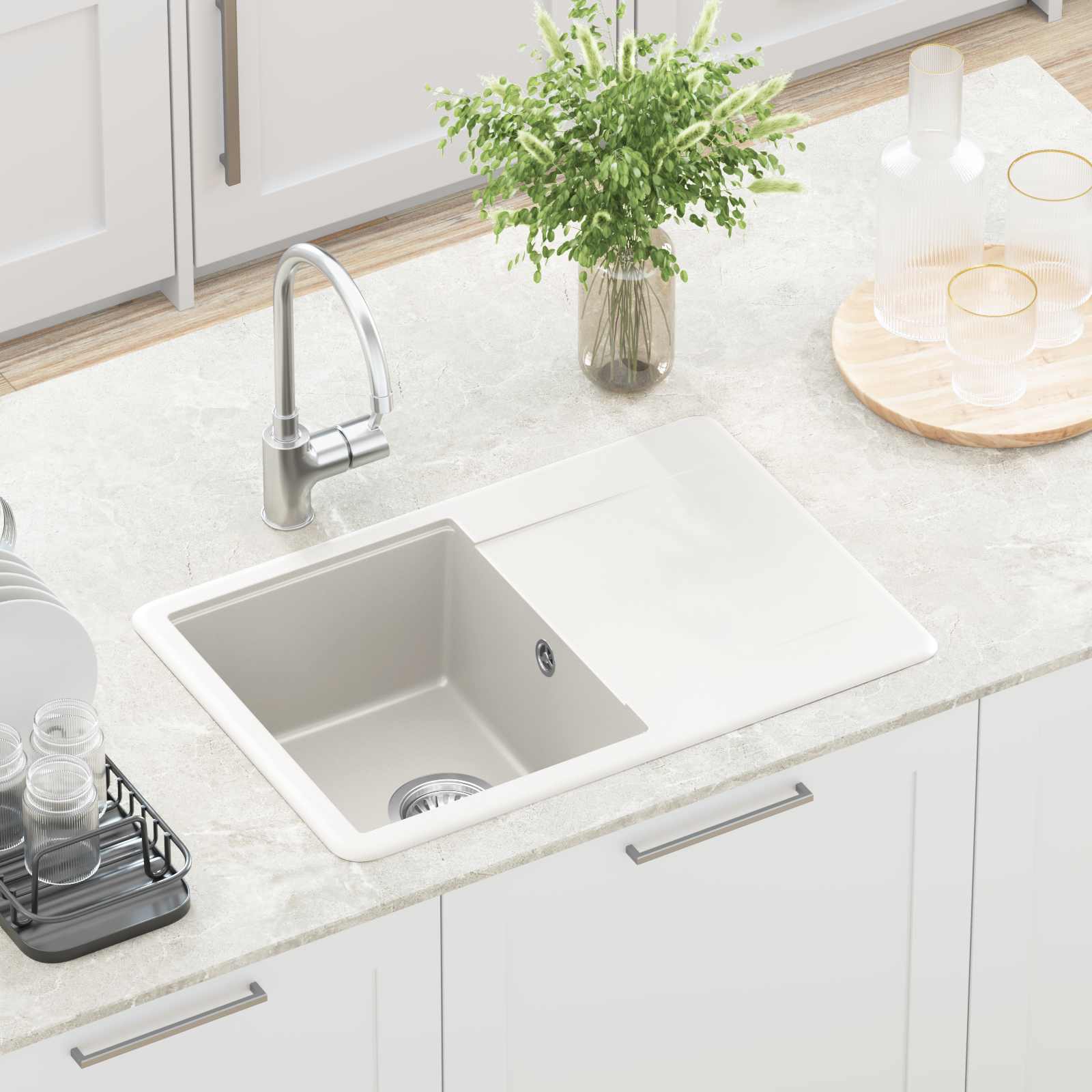 vidaXL Zlew Biały 670 x 460 mm 80% Kwarc i 20% Żywica