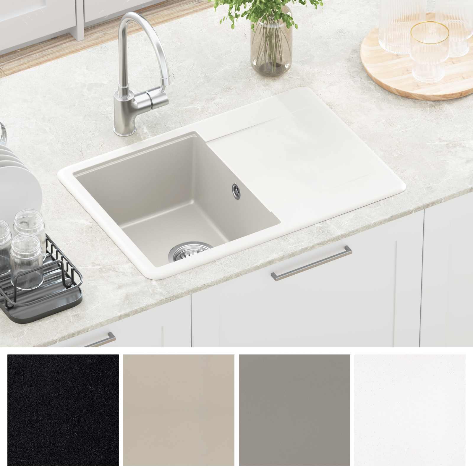 vidaXL Zlew Biały 670 x 460 mm 80% Kwarc i 20% Żywica