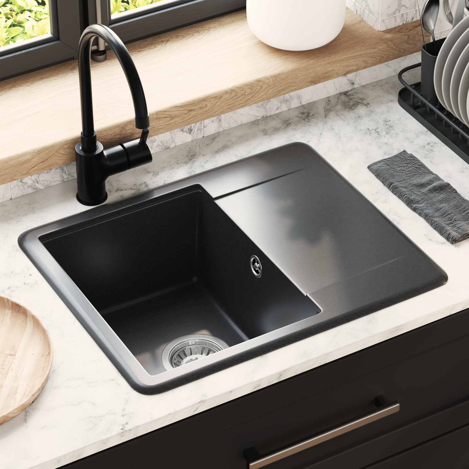 vidaXL Zlew Czarny 560 x 460 mm 80% Kwarc i 20% Żywica