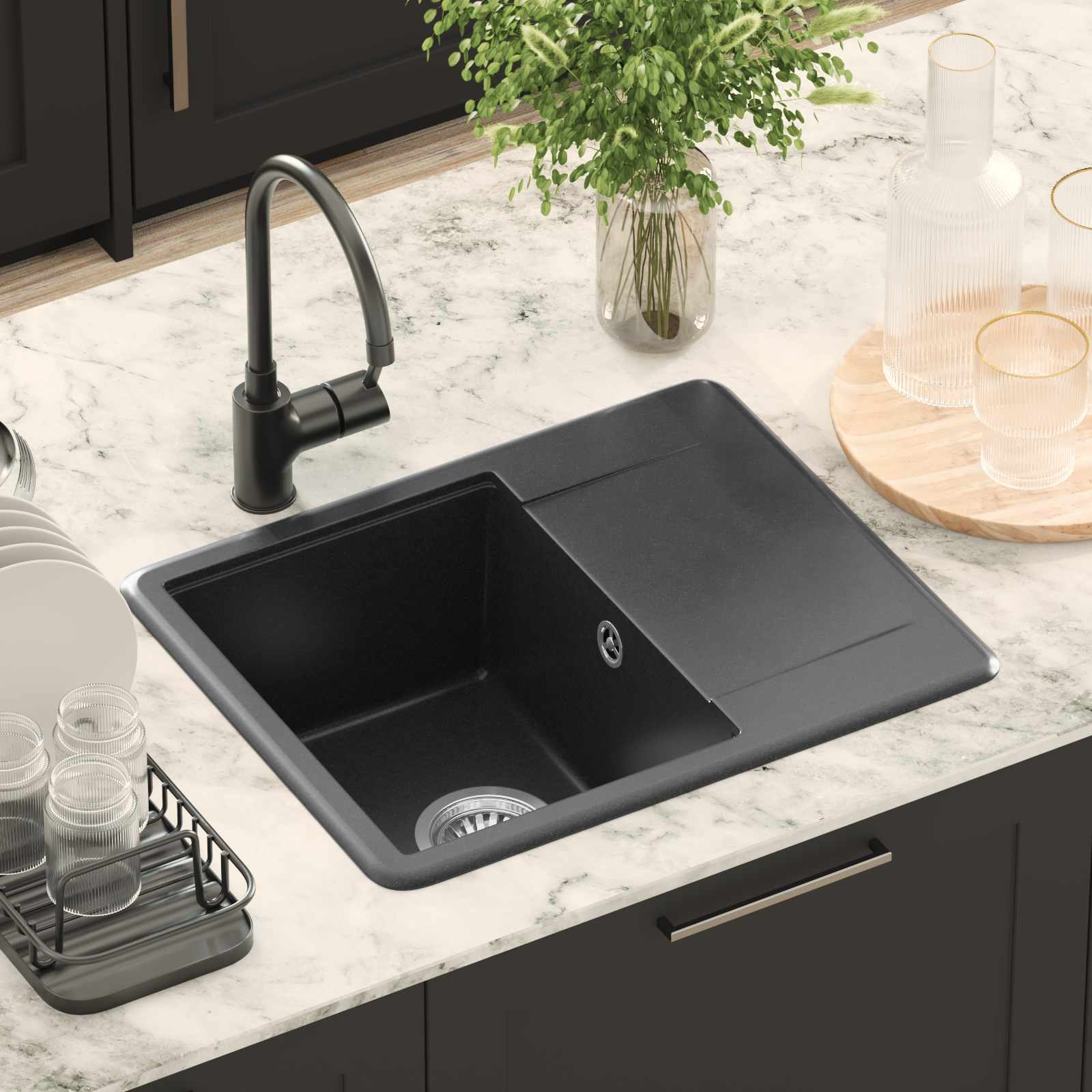 vidaXL Zlew Czarny 560 x 460 mm 80% Kwarc i 20% Żywica