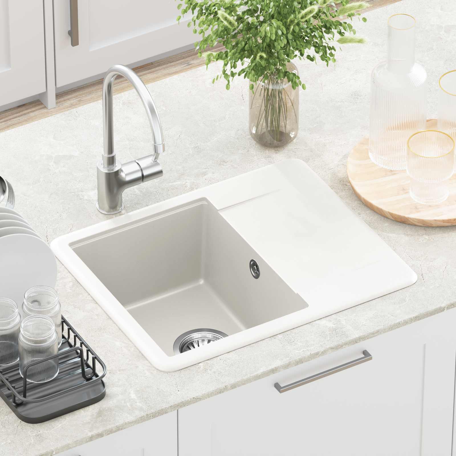 vidaXL Zlew Biały 560 x 460 mm 80% Kwarc i 20% Żywica