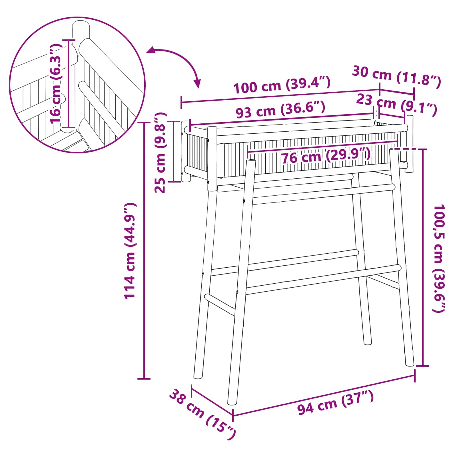 vidaXL Doniczka ogrodowa z uchwytem Naturalny 100 x 38 x 114 cm Bambus