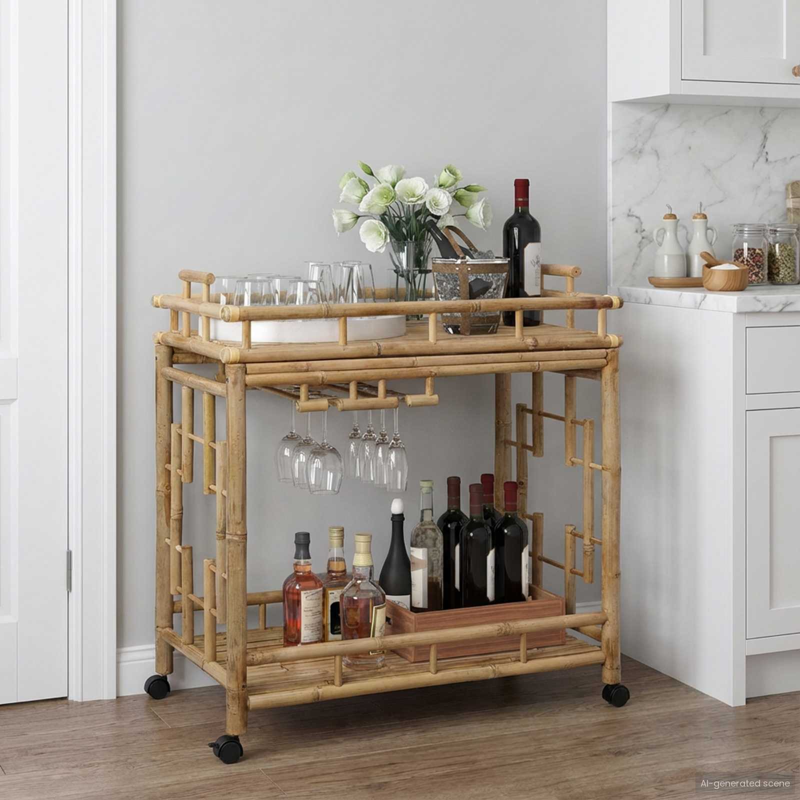vidaXL Wózek na wino z kółkami Naturalny 85 x 50 x 93 cm Bambus