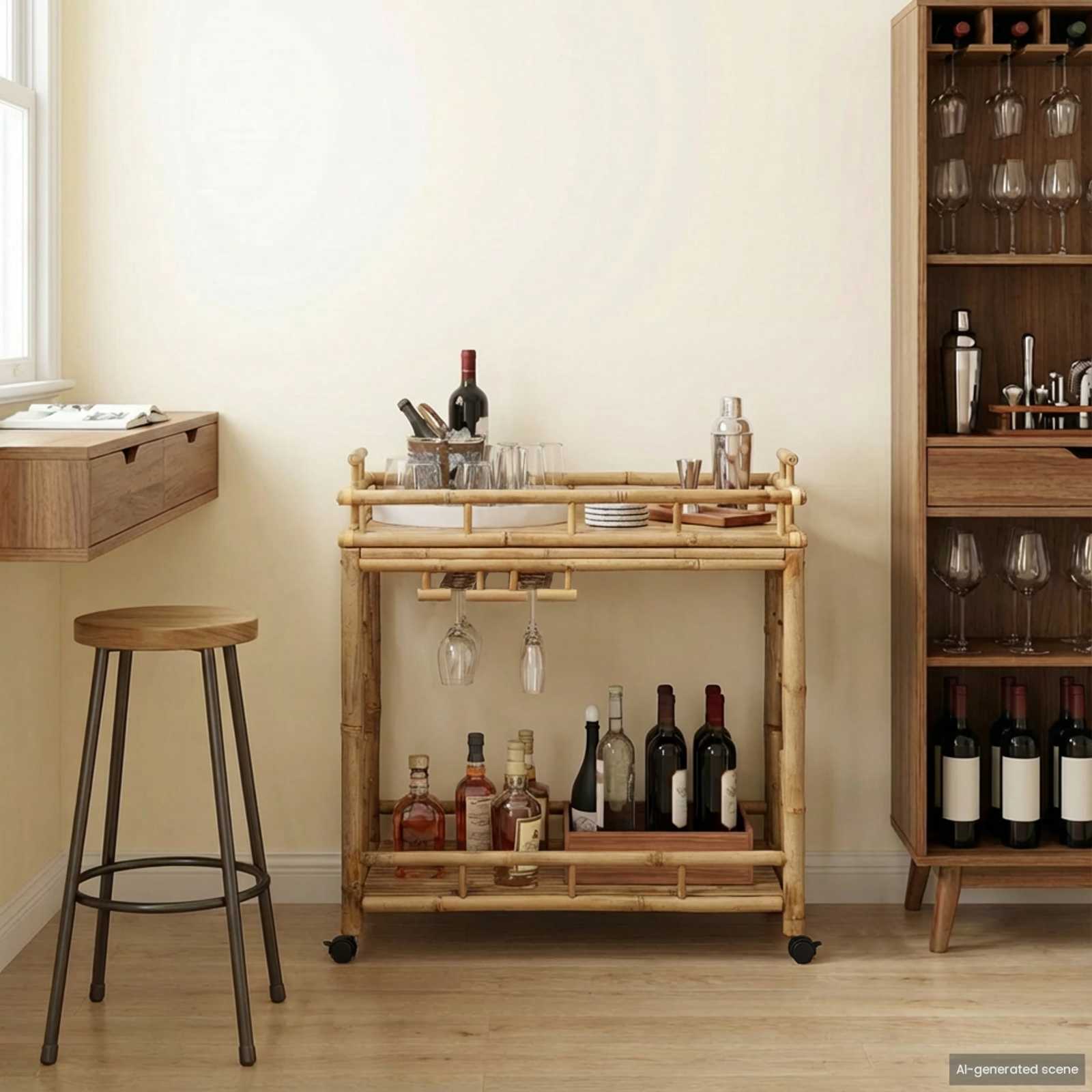vidaXL Wózek na wino z kółkami Naturalny 85 x 50 x 93 cm Bambus