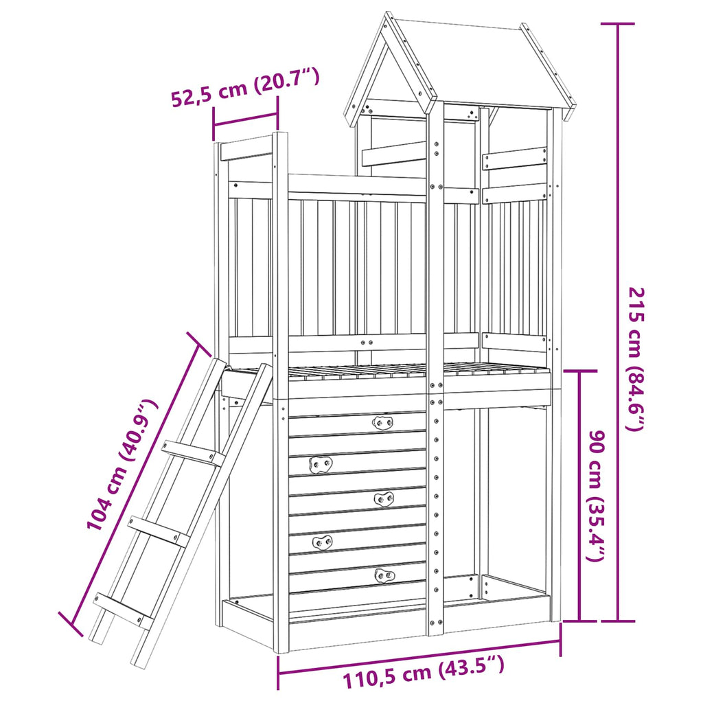 vidaXL Wieża zabaw Brązowy 110,5 x 52,5 x 215cm Lite drewno sosnowe