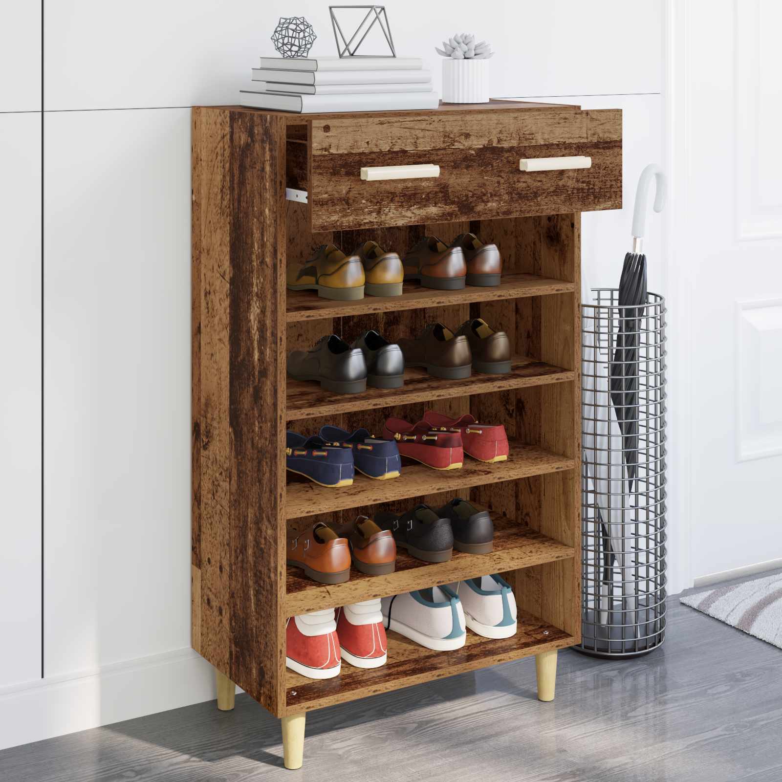 vidaXL Szafka na buty z szufladą z półką Stare drewno 60 x 35 x 105 cm