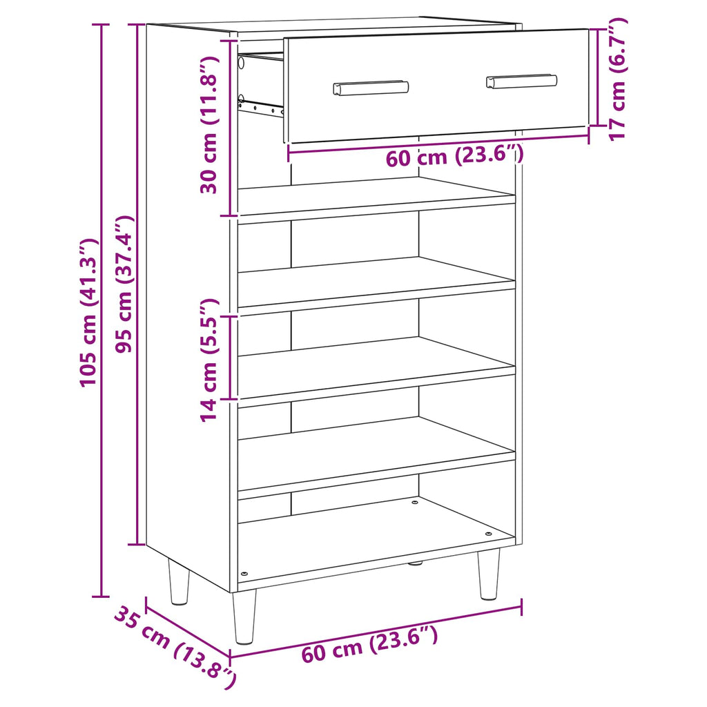 vidaXL Szafka na buty z szufladą Dąb rzemieślniczy 60 x 35 x 105 cm