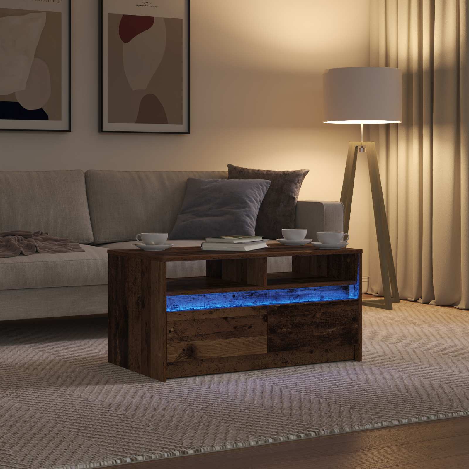 vidaXL Stolik kawowy Ze LED Lights Stare drewno 90 x 50 x 45 cm