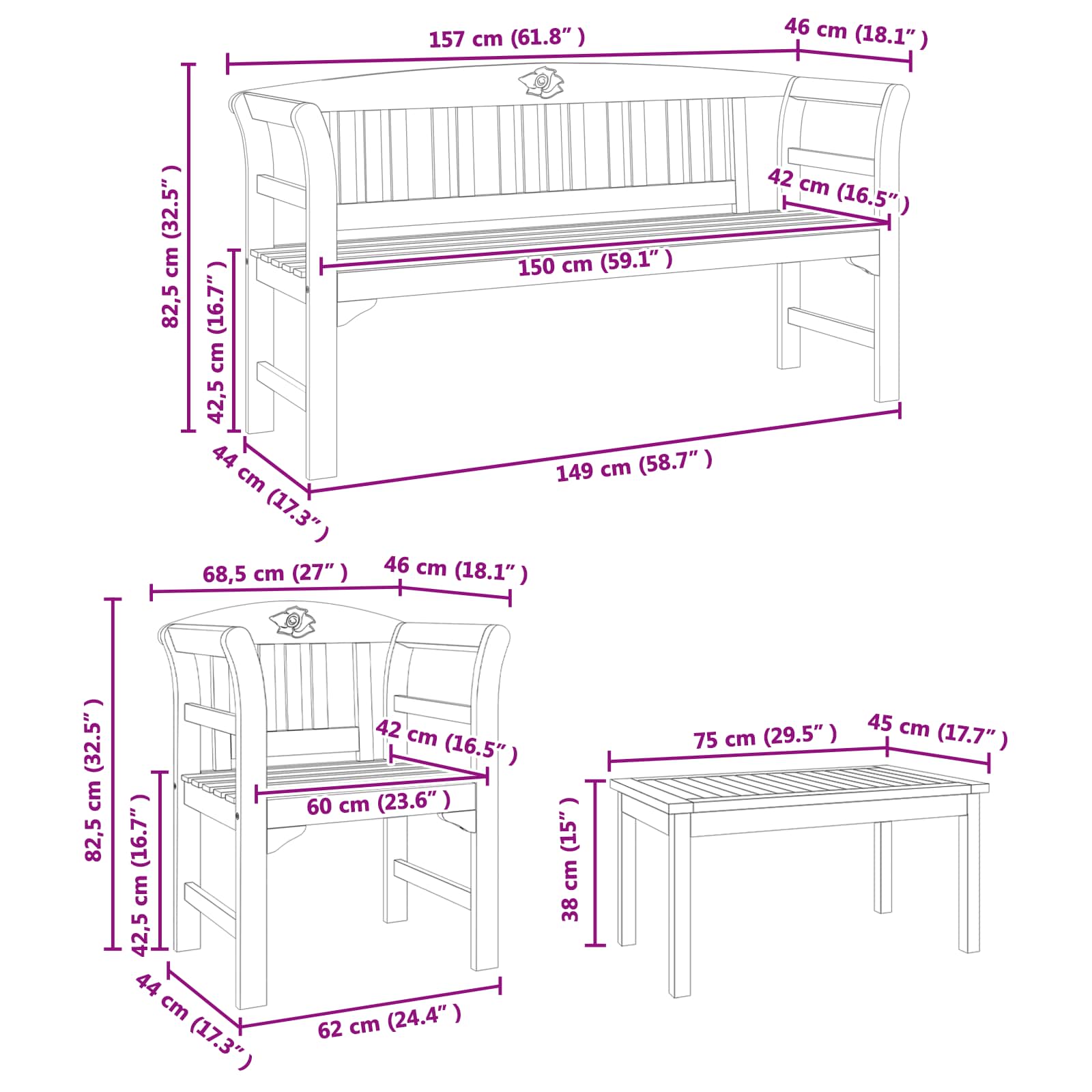 vidaXL Zestaw lounge Róża ogrodowa 4 pcs Lite Drewno Akacji