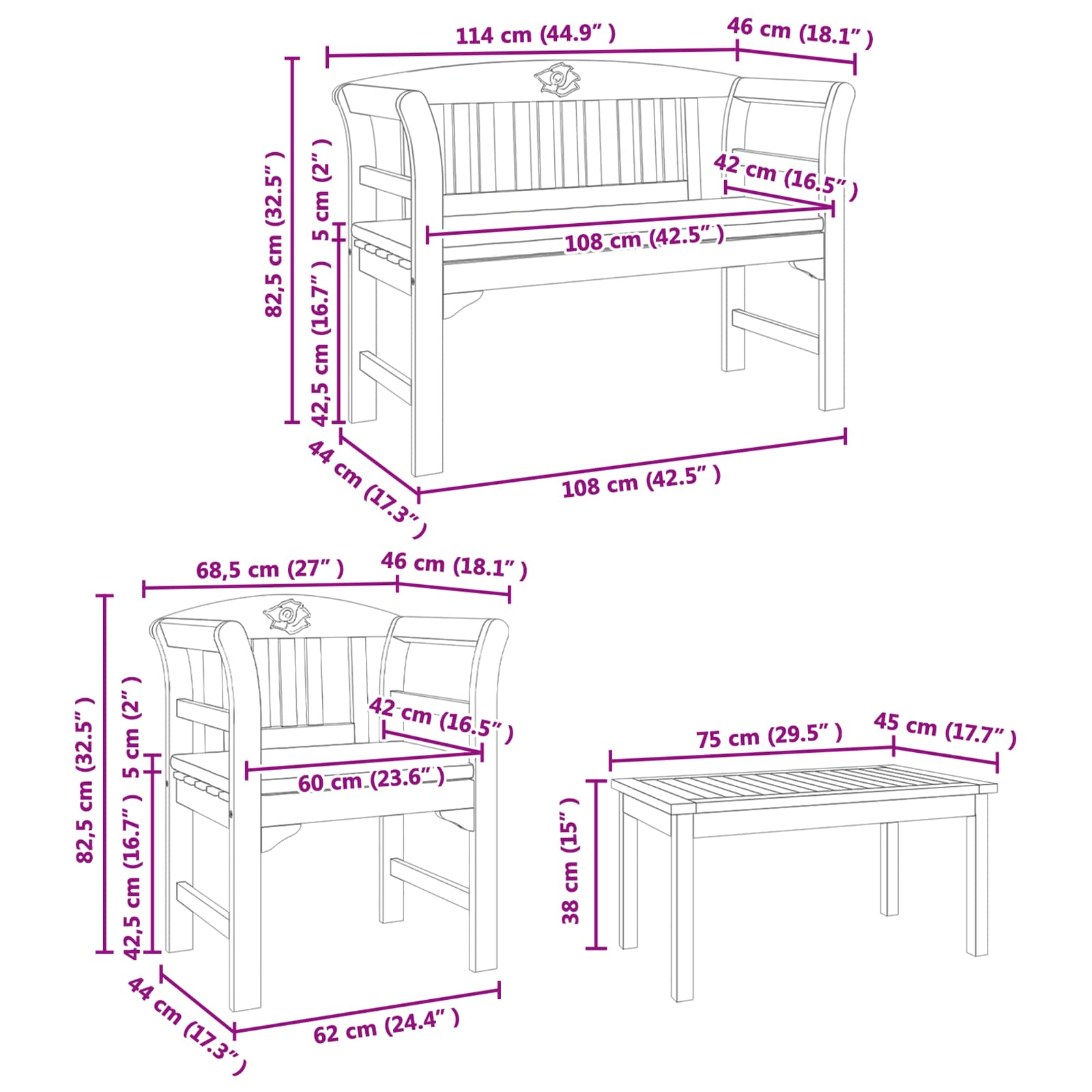 vidaXL Zestaw lounge Róża ogrodowa z poduszką 4 pcs Lite Drewno Akacji