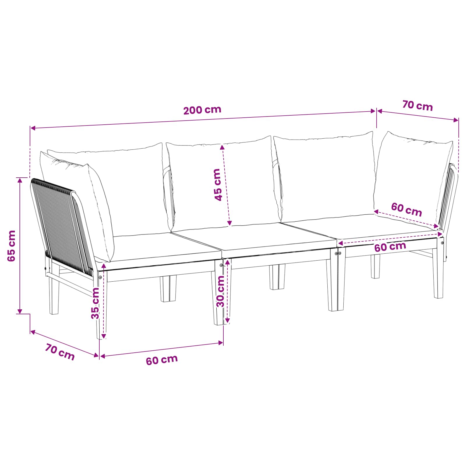 vidaXL 3 pcs Solidne drewno akacjowe i lina naturalny