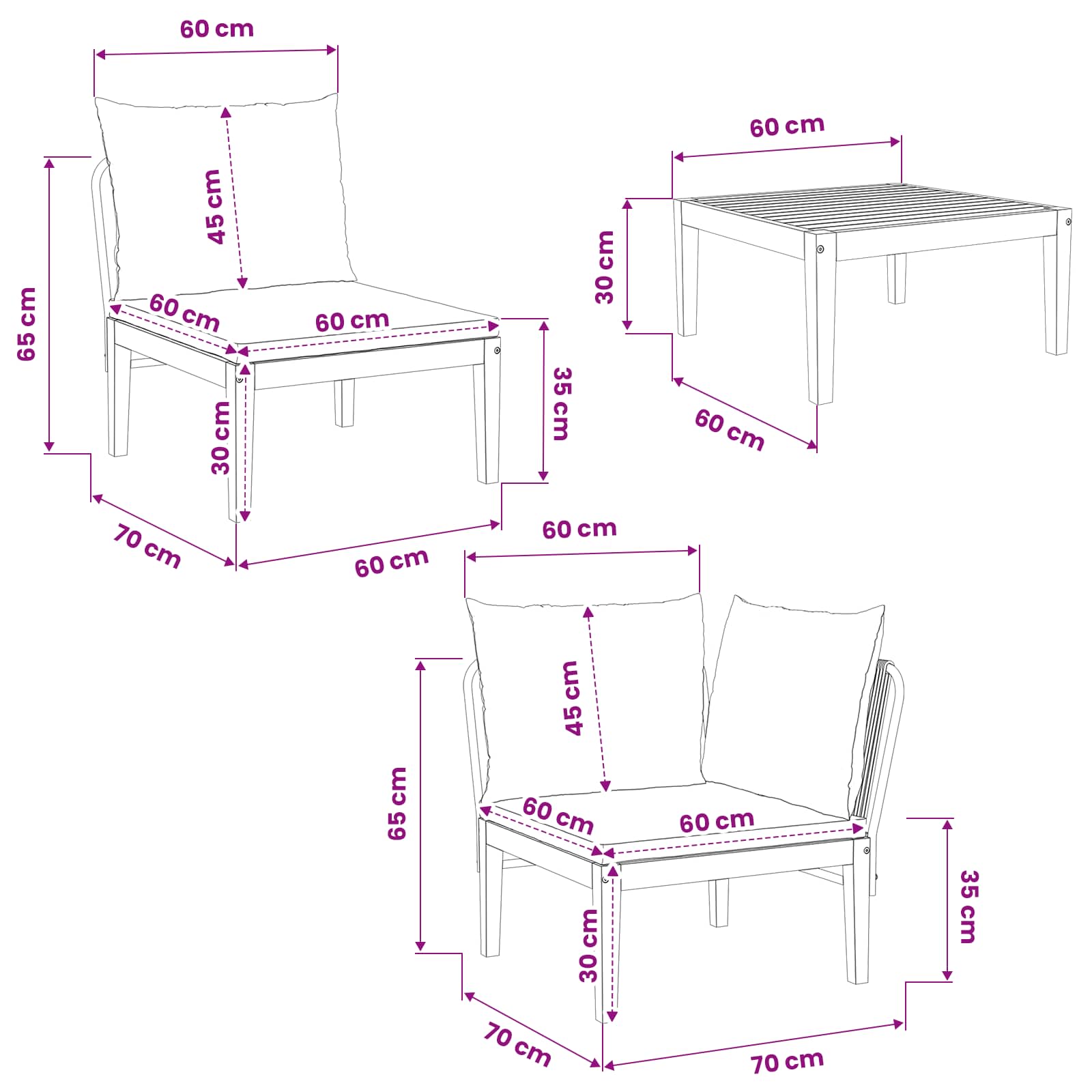 vidaXL 3 pcs Solidne drewno akacjowe i lina naturalny