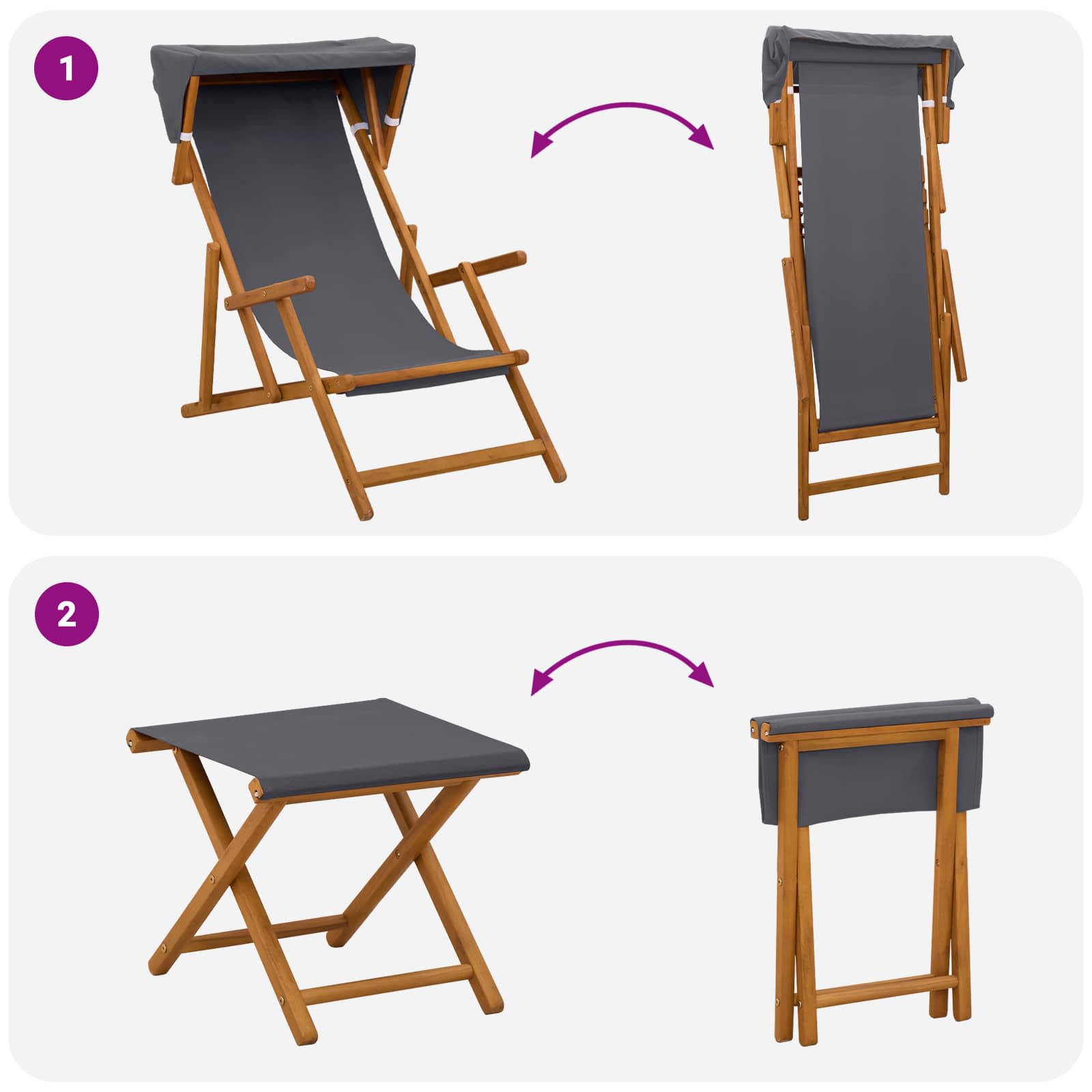 vidaXL Fotel ogrodowy 4 pcs 3 Pozycja Lite Drewno Eukaliptusowe Szary
