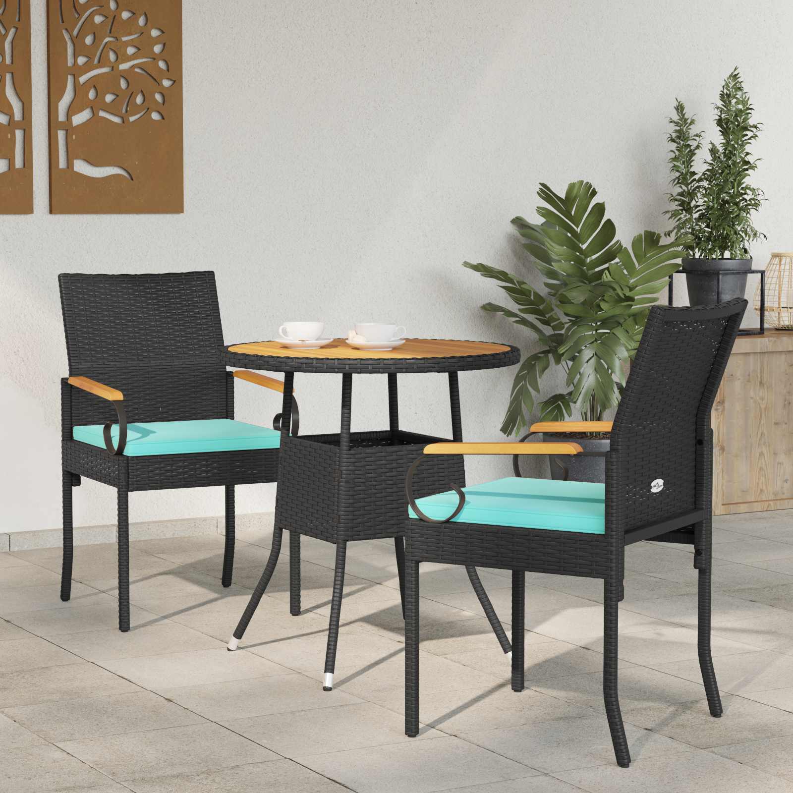 vidaXL Krzesła ogrodowe 2 pcs Czarny i Turkusowy Poli Rattan i Akacja