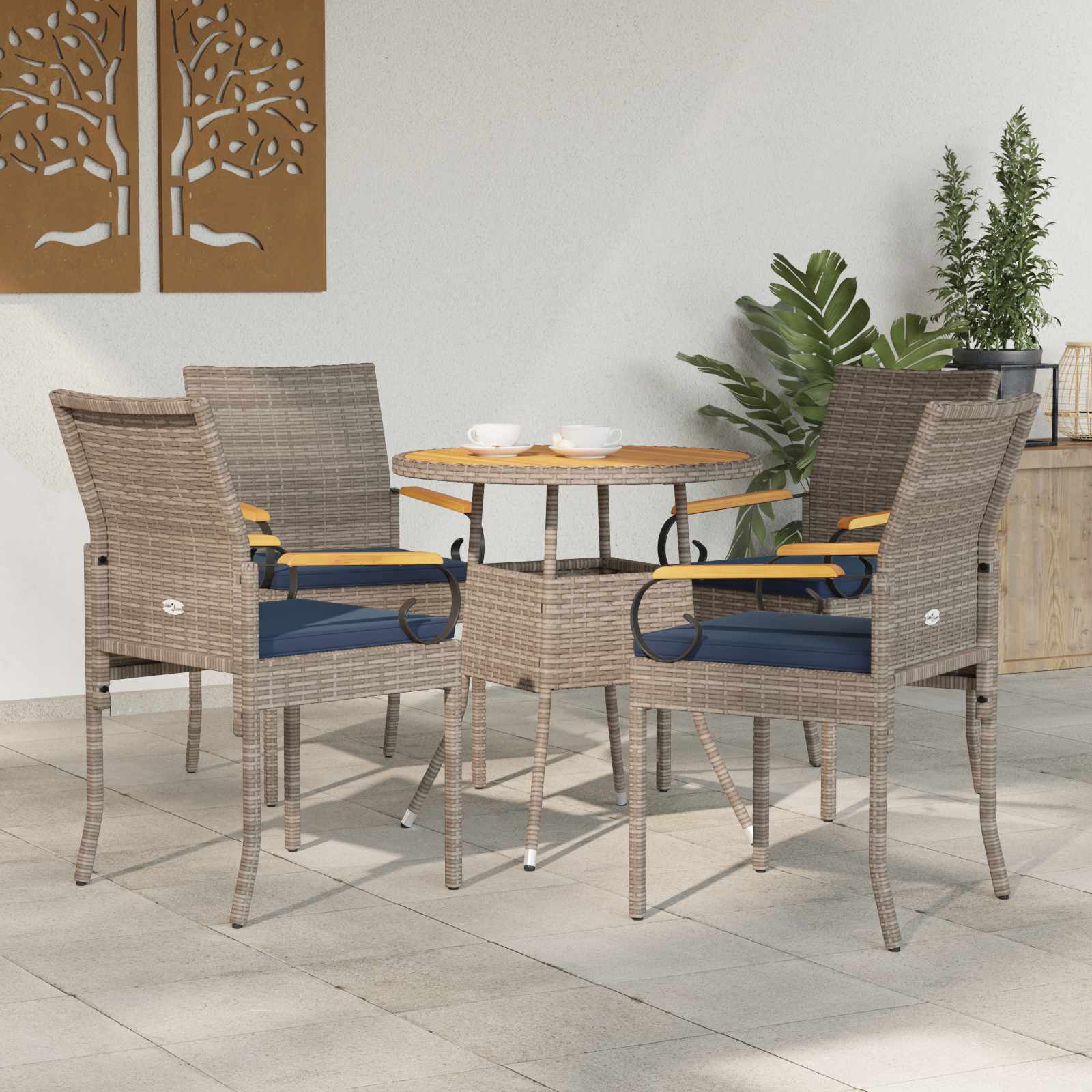 vidaXL Krzesła ogrodowe 4 pcs Szary i granatowy Poli Rattan i Akacja