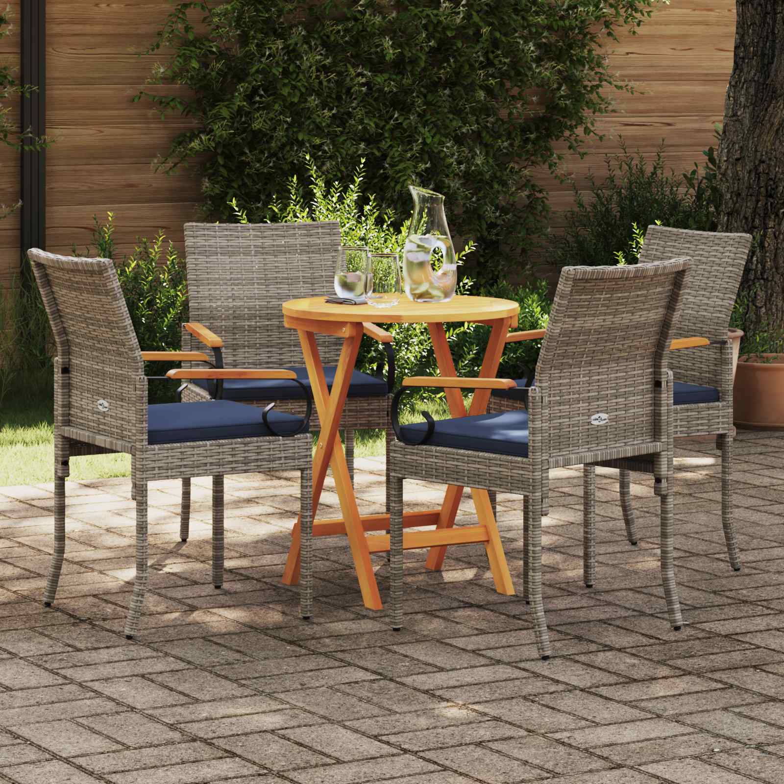 vidaXL Krzesła ogrodowe 4 pcs Szary i granatowy Poli Rattan i Akacja