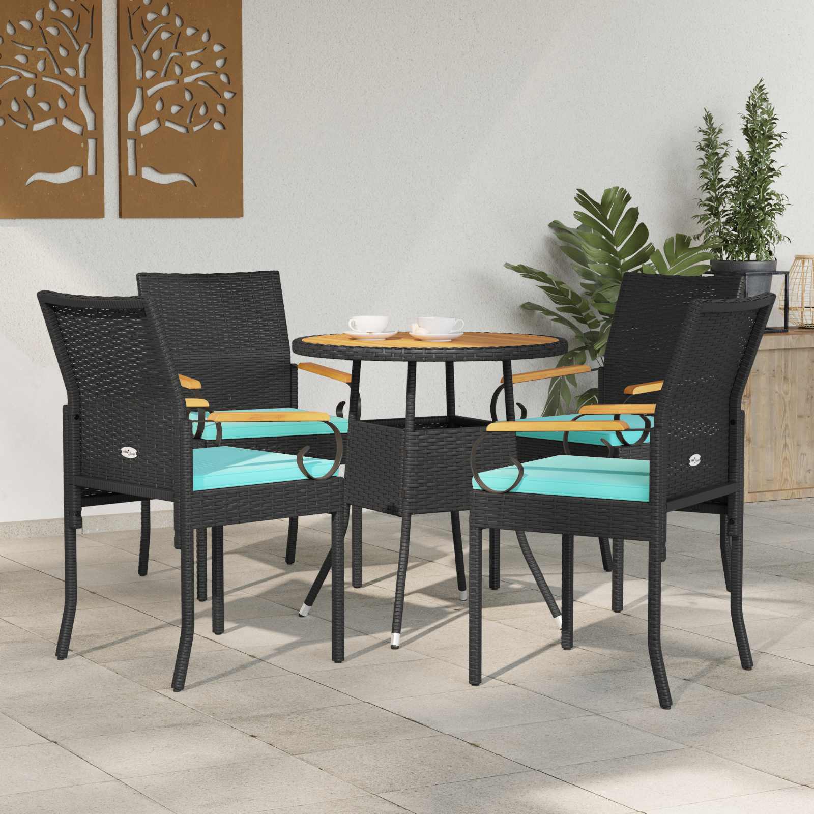vidaXL Krzesła ogrodowe 4 pcs Czarny i Turkusowy Poli Rattan i Akacja