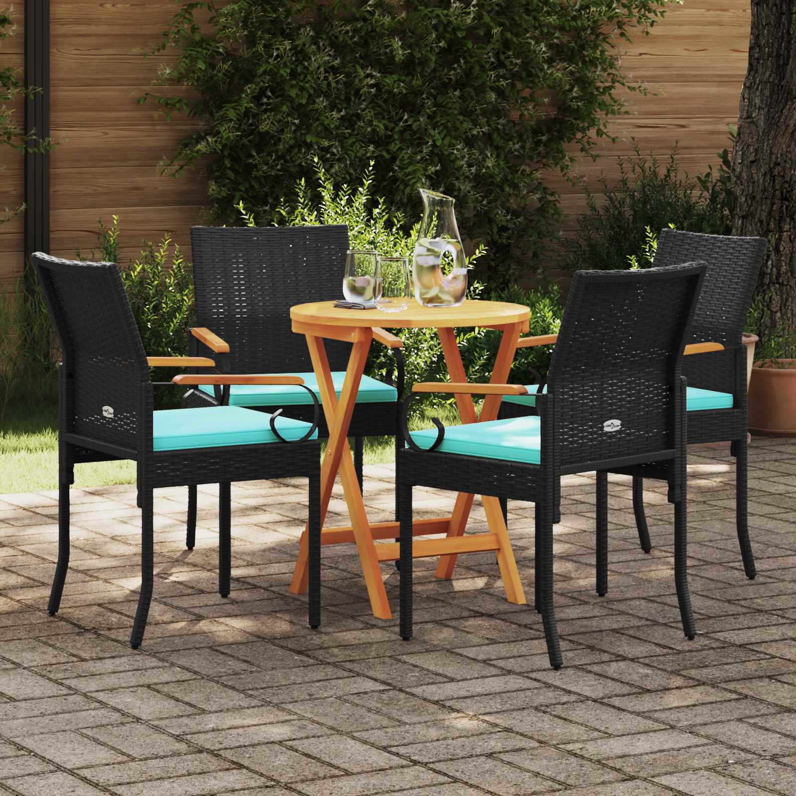 vidaXL Krzesła ogrodowe 4 pcs Czarny i Turkusowy Poli Rattan i Akacja