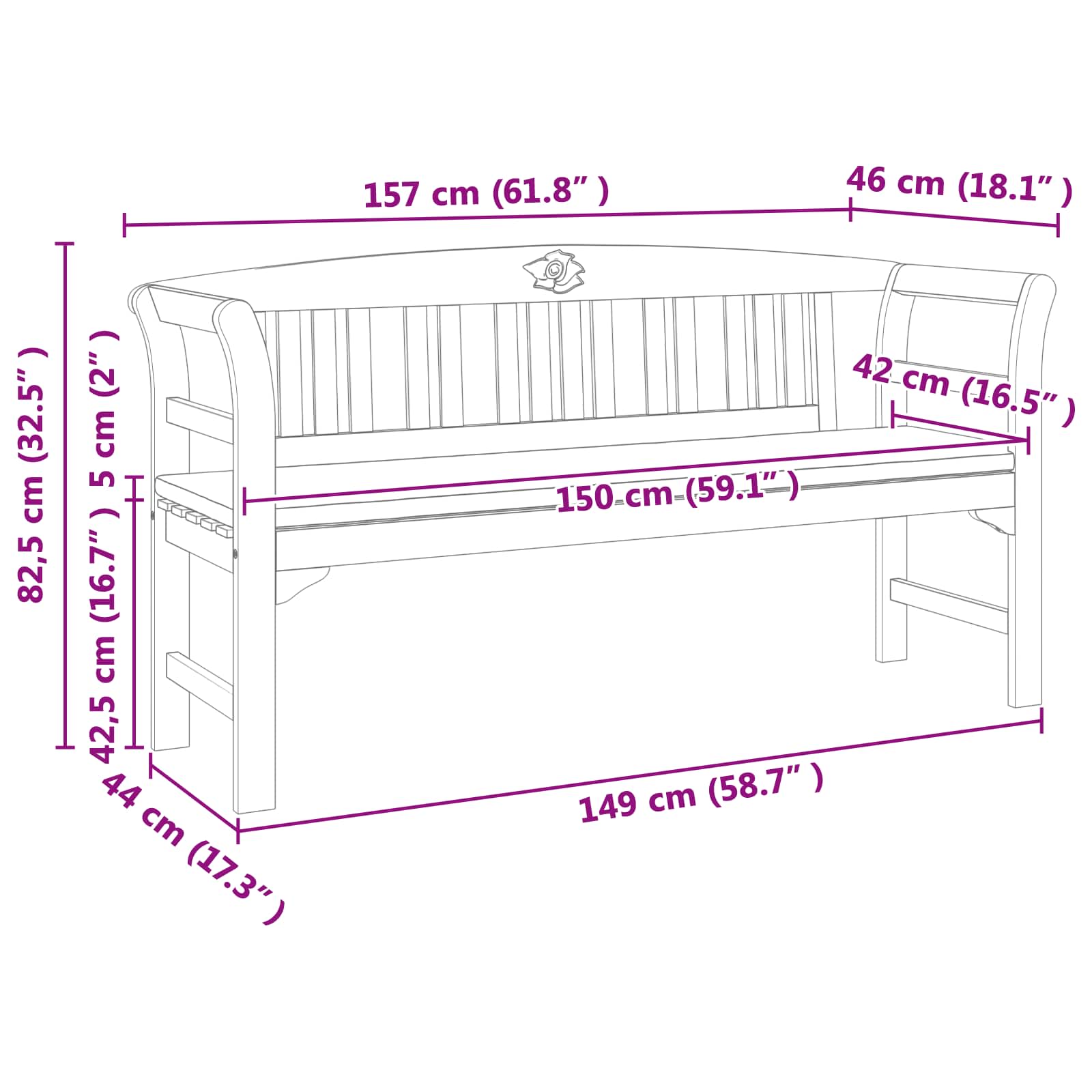 vidaXL Ławka Różana Naturalny 157 x 46 x 82,5 cm Lite Drewno Akacji