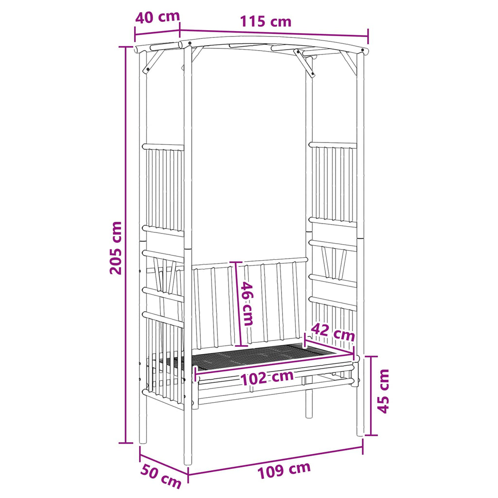 vidaXL Łuk ogrodowy z ławką 115 x 50 x 205 cm Bambus
