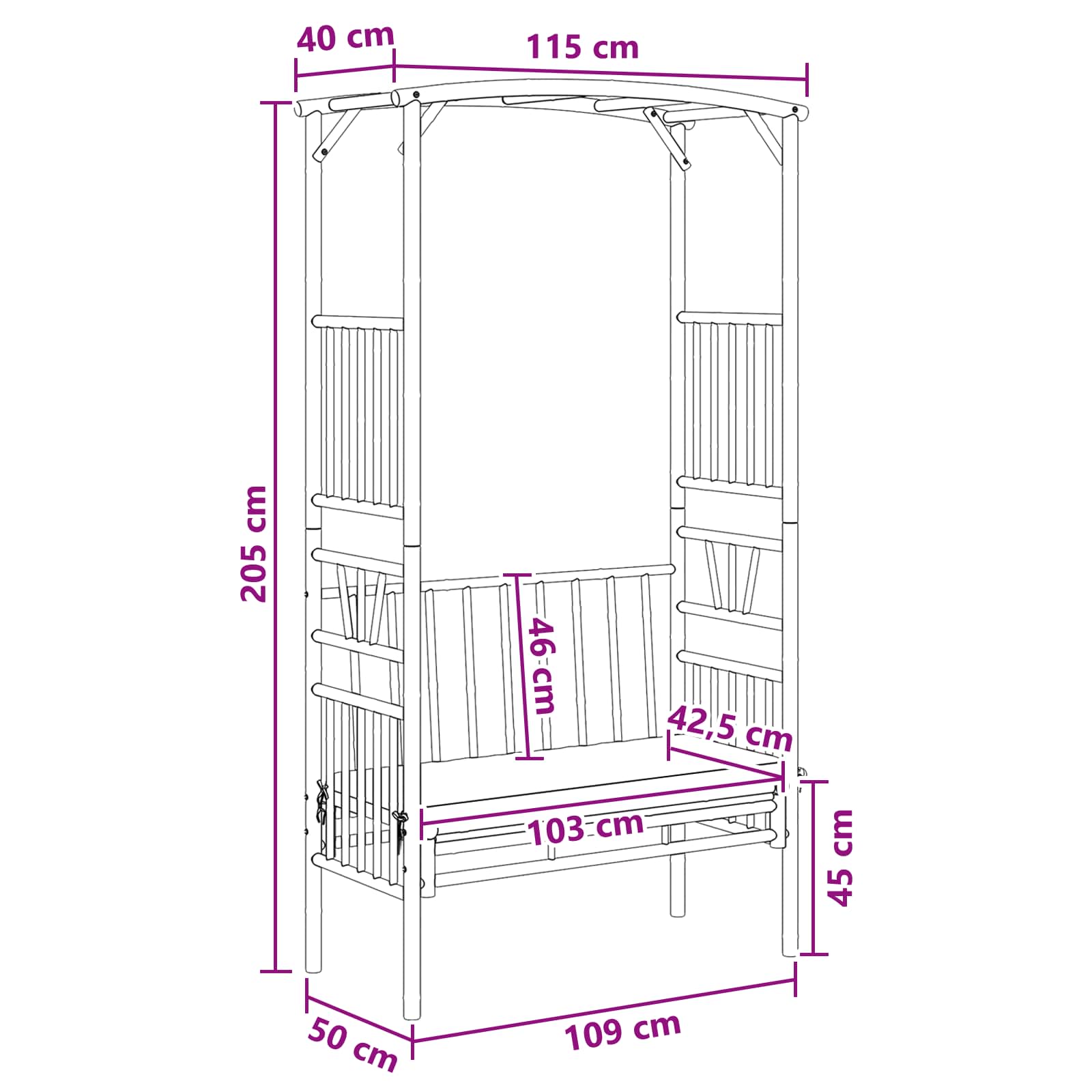 vidaXL Łuk ogrodowy z ławką ciemnoszary 115 x 50 x 205 cm Bambus