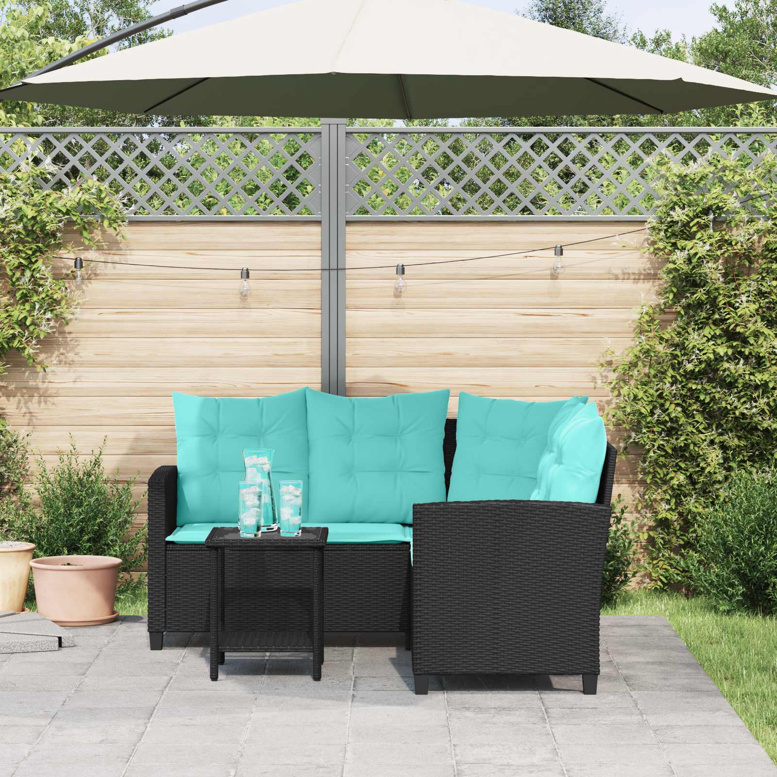 vidaXL Sofa Ogrodowa z poduszką 2 pcs Czarny i Turkusowy Polirattan