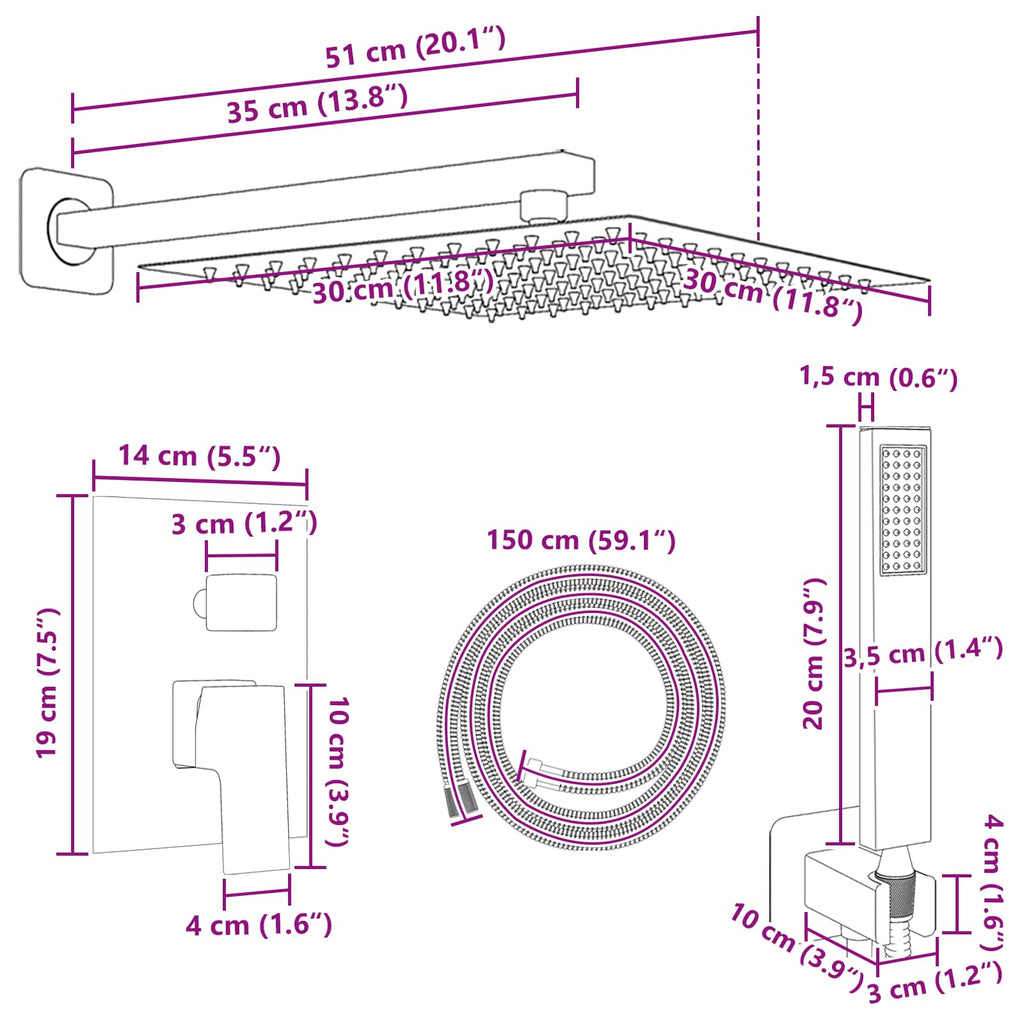 vidaXL Ukryty system prysznicowy (kwadratowy) srebrny